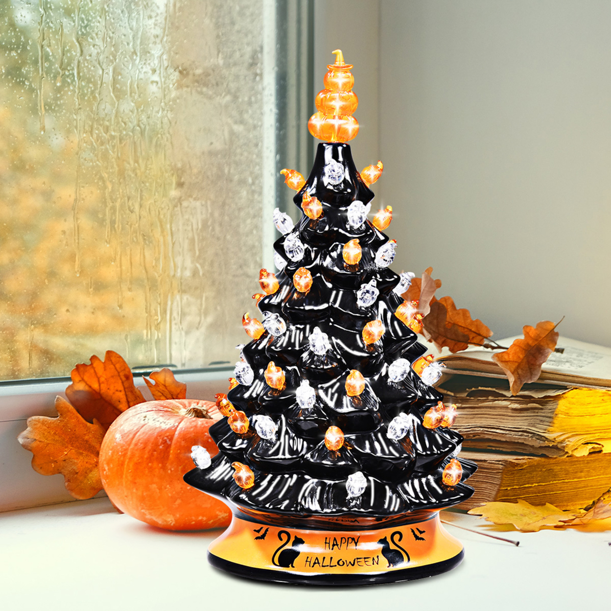 15 Inches Pre-Lit Hand-Painted Ceramic Halloween Tree Tabletop Xmas Decor