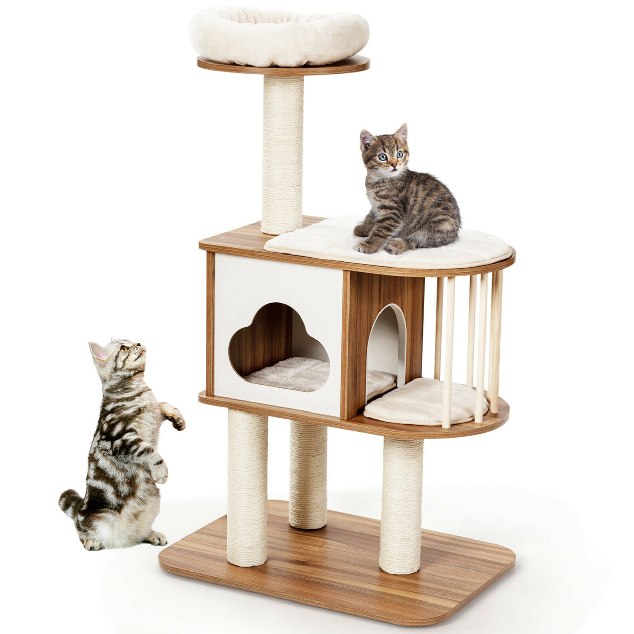 46'' Modern Wooden Cat Tree With Platform & Washable Cushions For Kittens & Cats