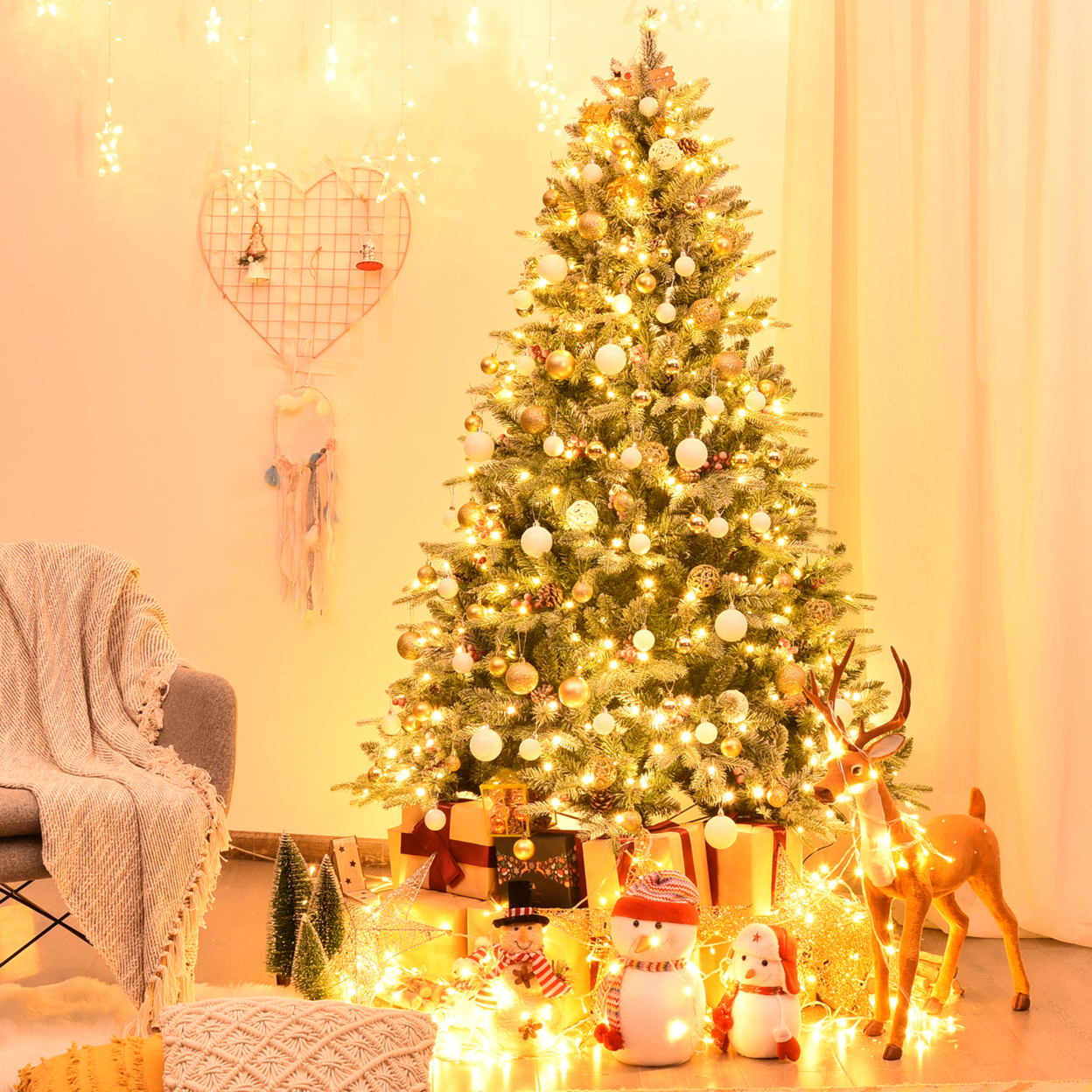 6.5FT Pre-lit Pine Christmas Tree Snow Flocked Decoration Tree W/ LED Lights