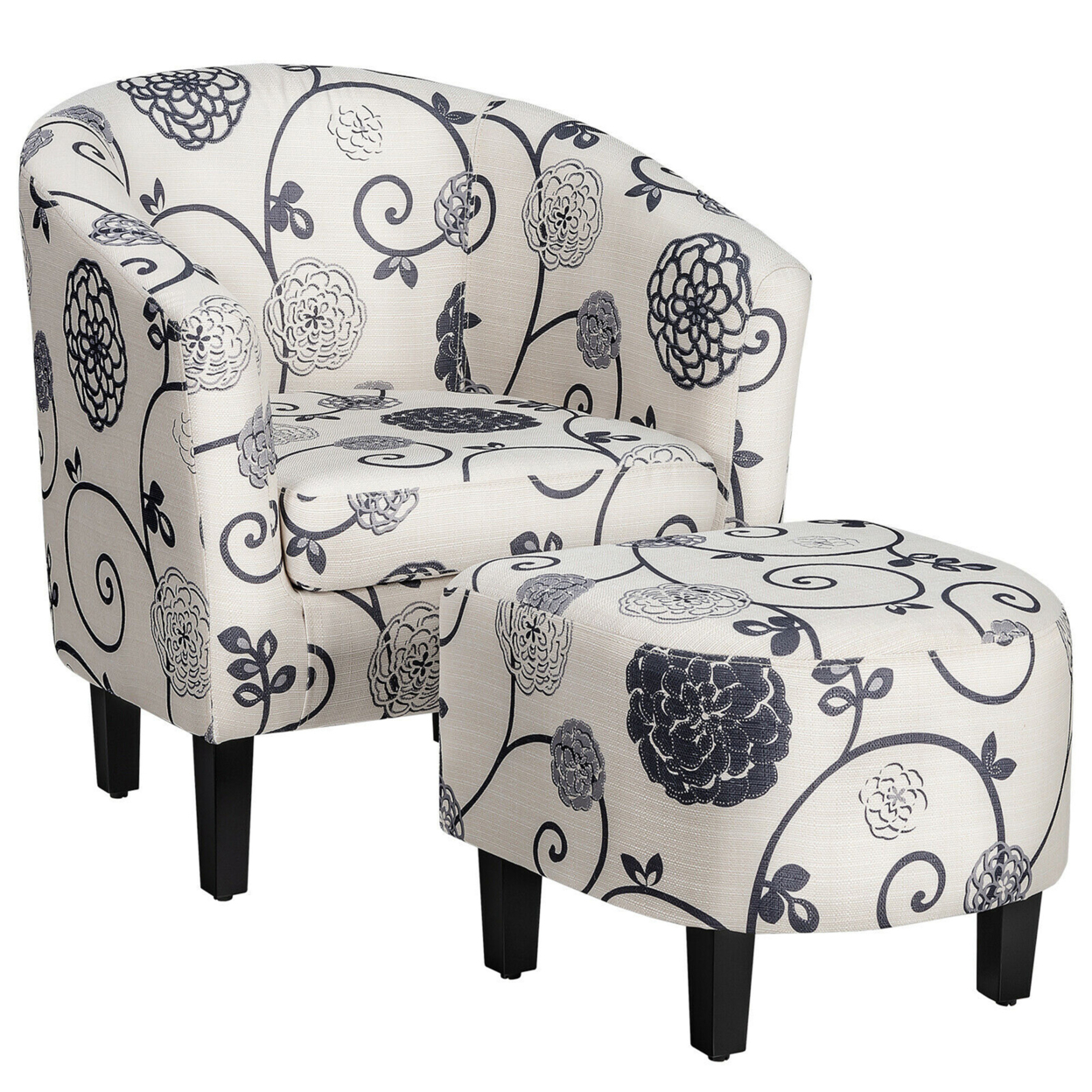 Modern Accent Tub Chair&Ottoman Set Fabric Upholstered Club Chair Grey Floral