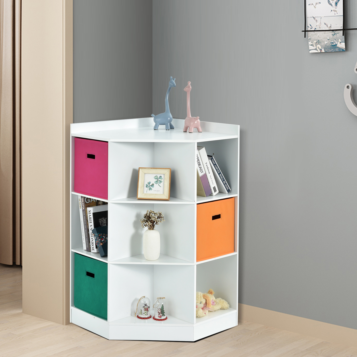 3-Tier Kids Storage Shelf Cubes W/3 Baskets Corner Cabinet Organizer White
