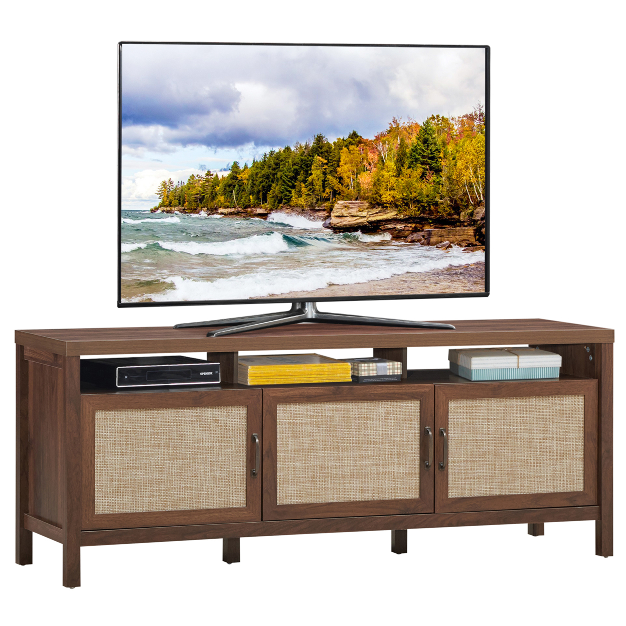 TV Stand Entertainment Media Center For TV's Up To 65'' W/ Rattan Doors - Walnut