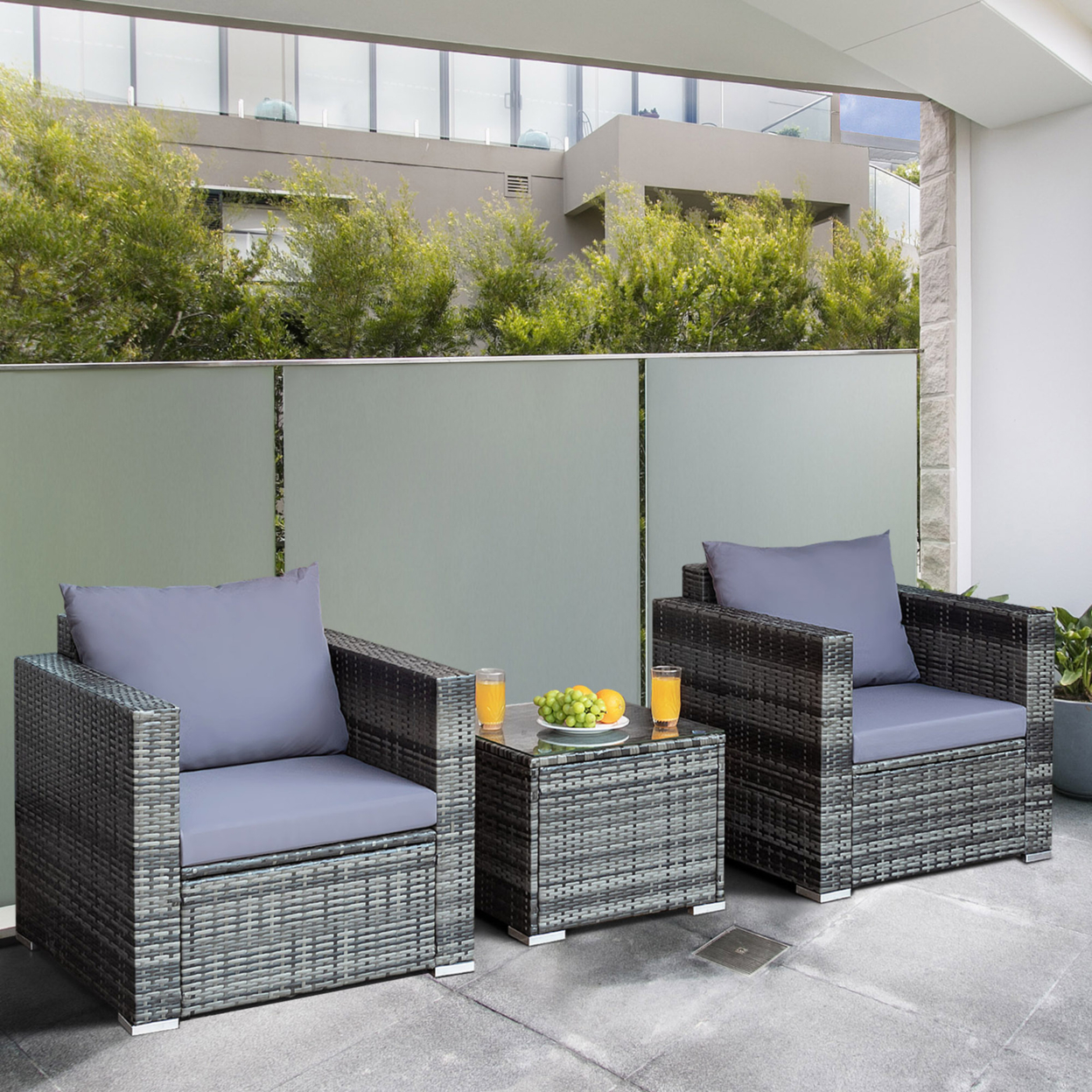 3PCS Rattan Patio Conversation Set Outdoor Furniture Set W/ Table Cushion