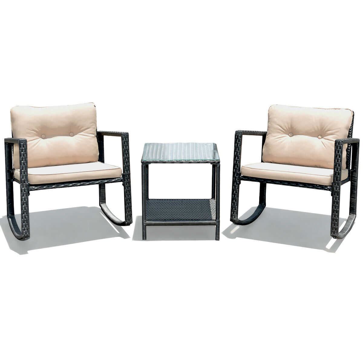 Set Of 3 Rattan Rocking Chair Cushioned Sofa Unit Garden Patio Furniture