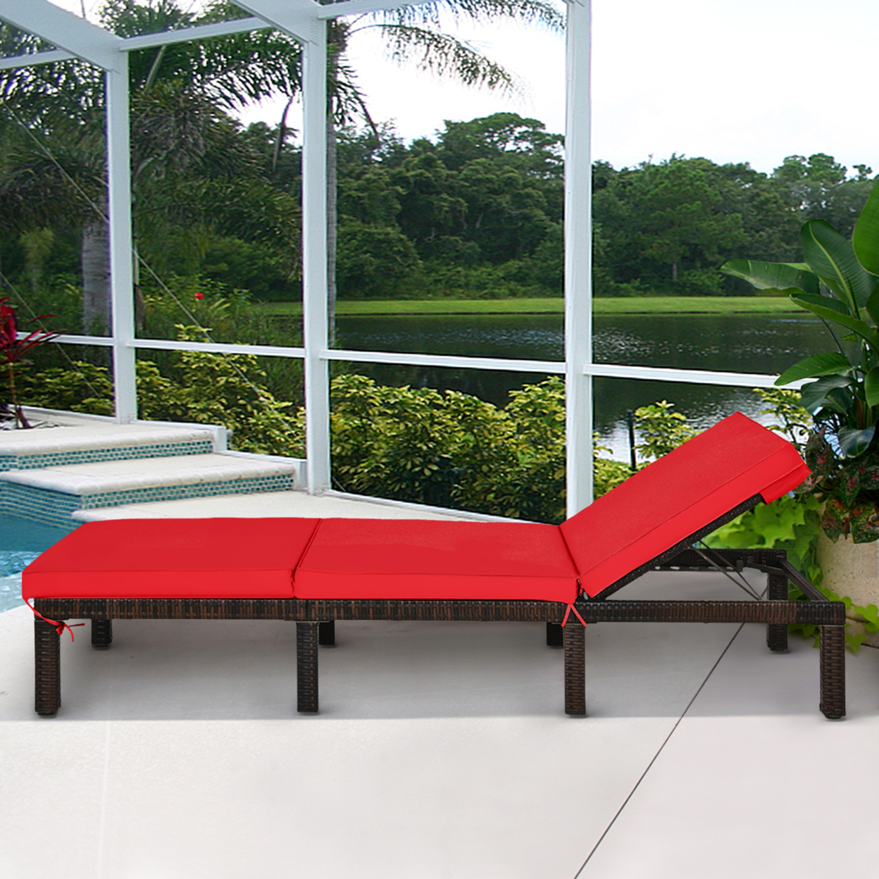 Adjustable Patio Rattan Chaise Lounge Chair Recliner Outdoor W/ Red Cushion