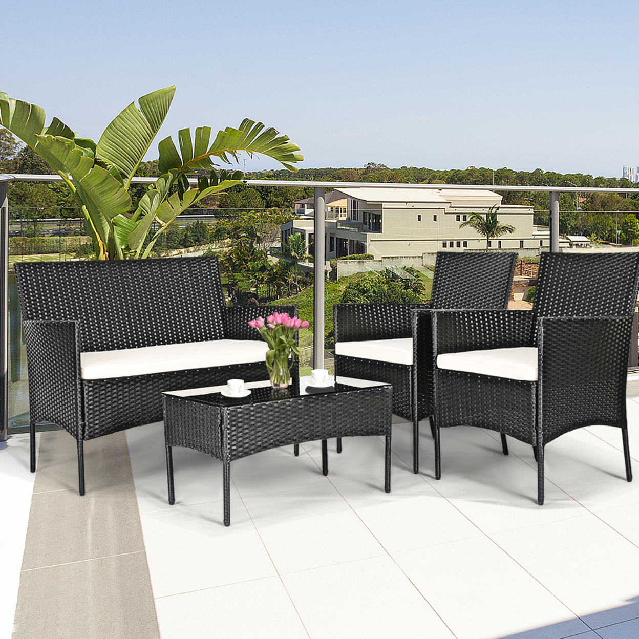 Gymax 4PCS Rattan Patio Conversation Set Outdoor Furniture Set Garden W/ Cushion