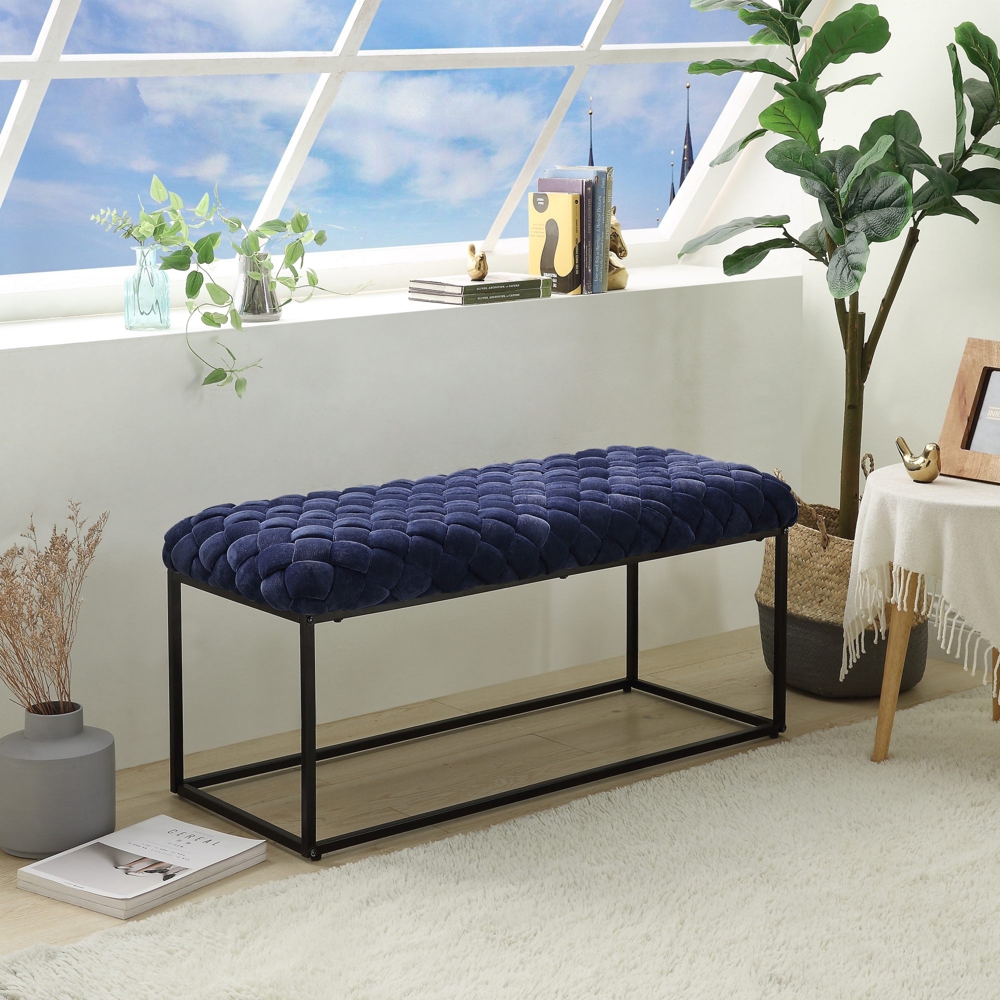 Tobias Bench-Upholstered-Hand Woven - Navy