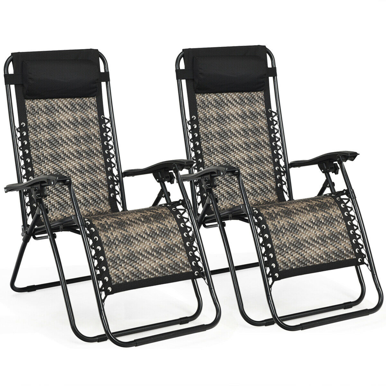 Set Of 2 Folding Rattan Patio Zero Gravity Lounge Chair Recliner W/ Headrest