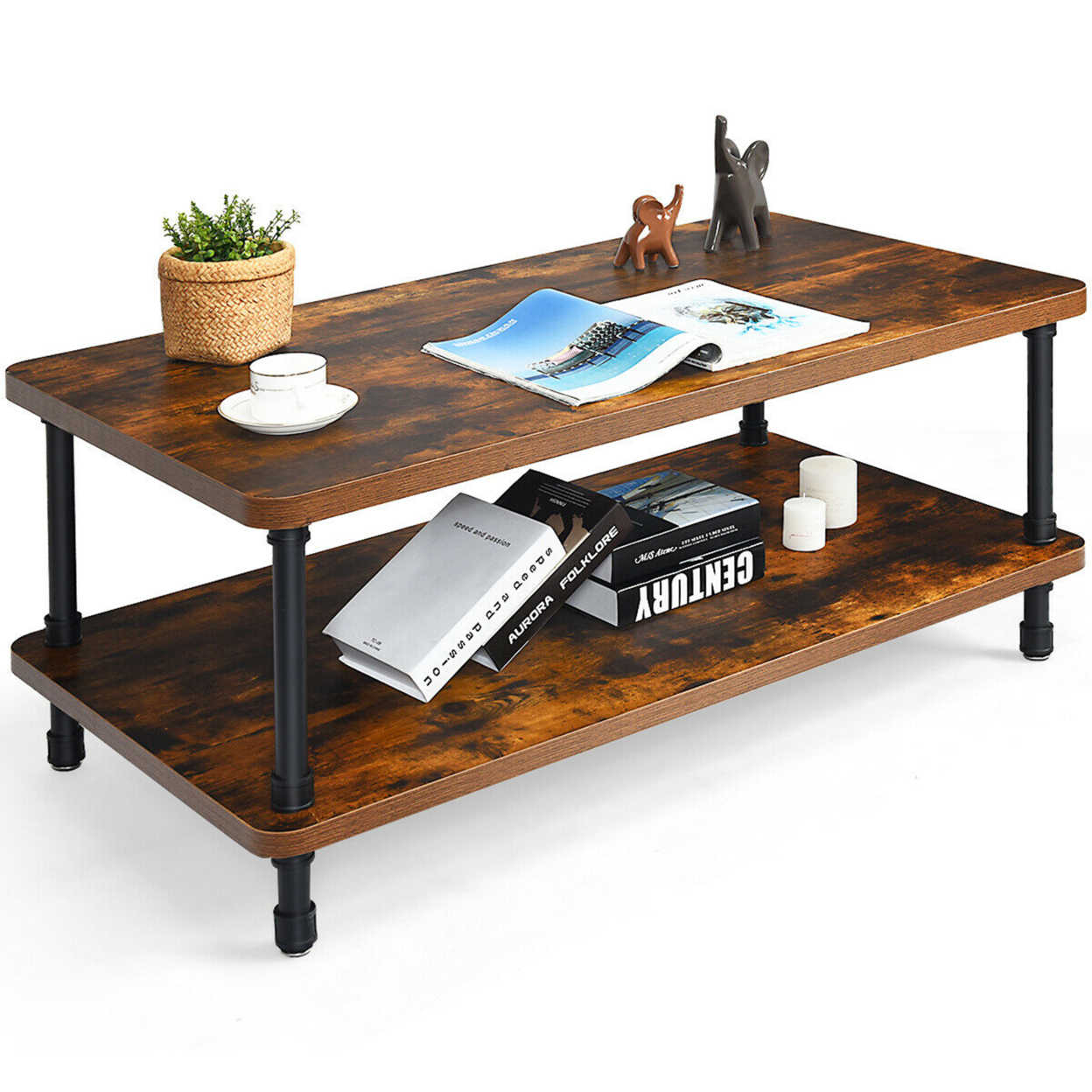Industrial Coffee Table Rustic Accent Table Storage Shelf Living Room Furniture