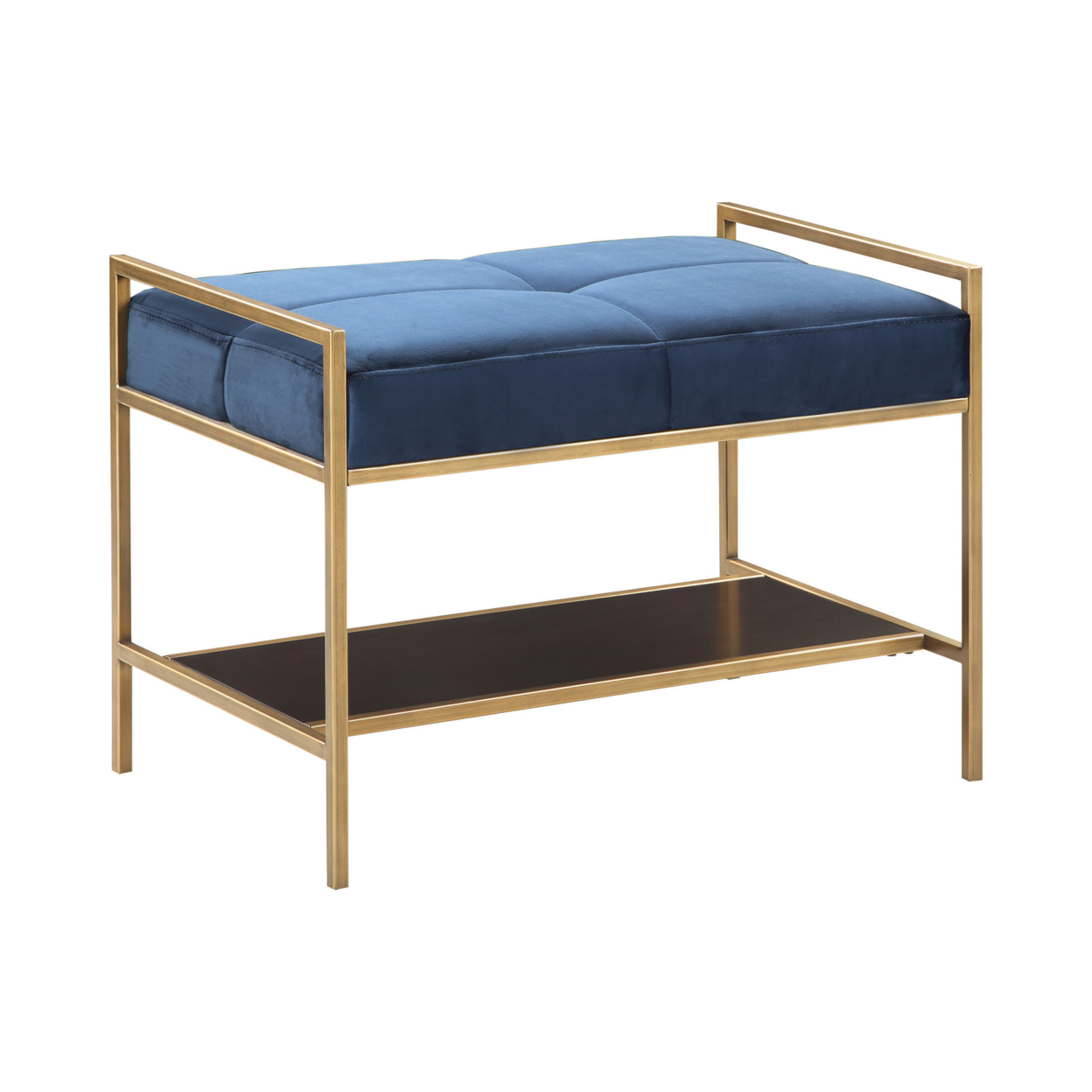 Metal Bench With Fabric Upholstered Plump Seats, Gold And Blue- Saltoro Sherpi