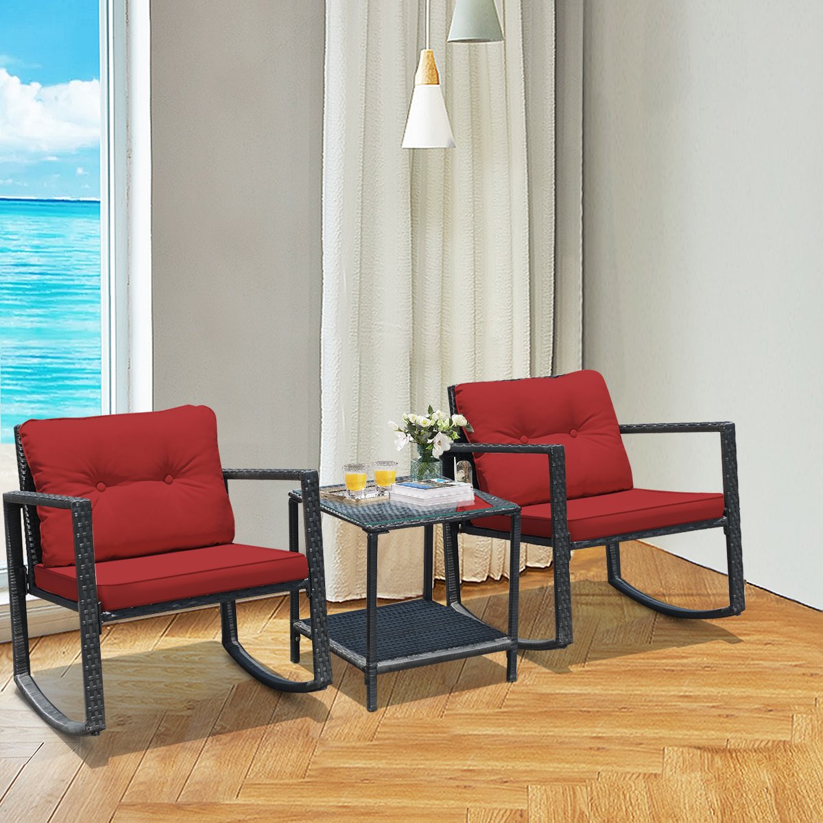 3PCS Rattan Rocking Chair Table Set Patio Furniture Set W/ Burgundy Cushions
