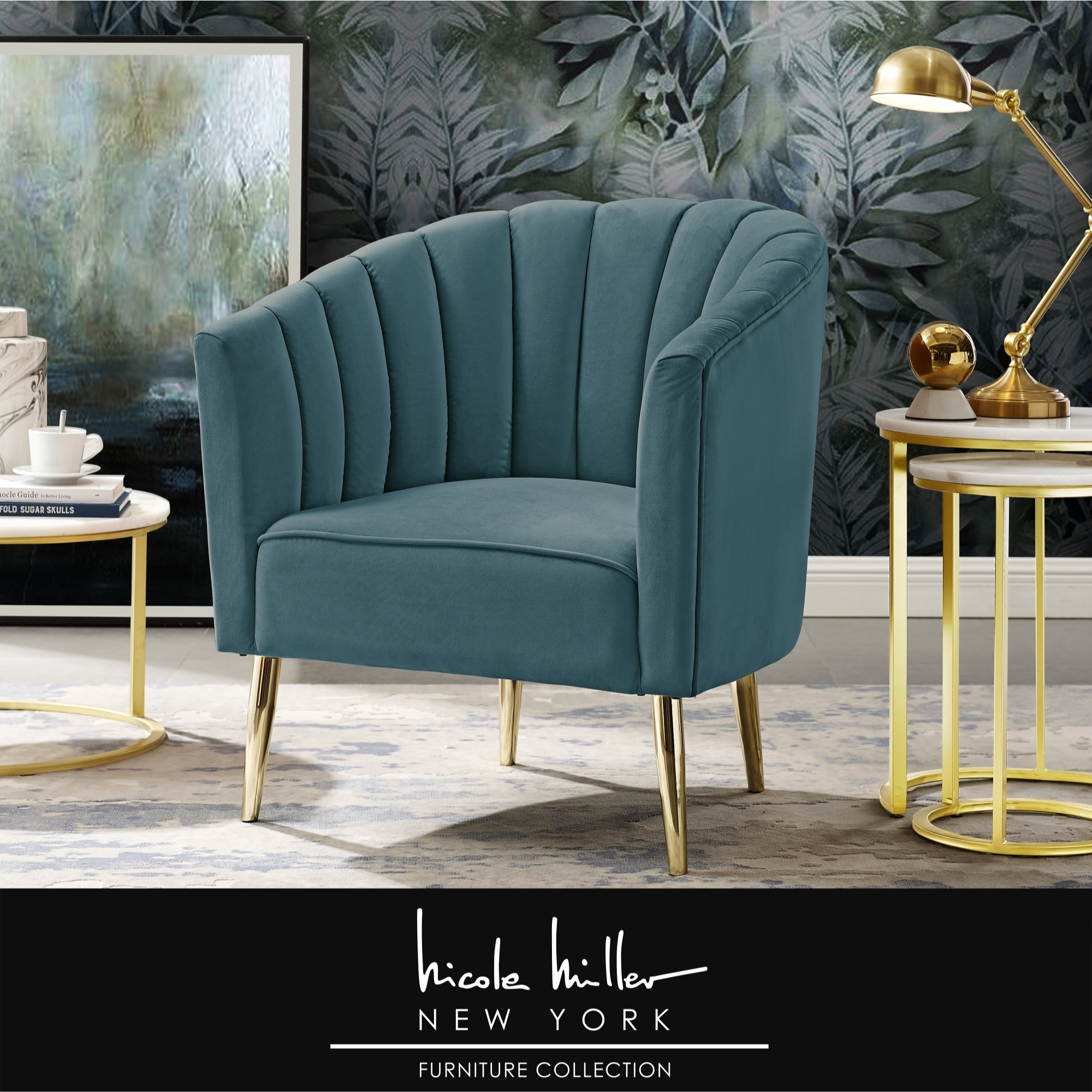 Nicole Miller Kody Velvet Accent Chair-Channel Tufted Back-Mirror Lacquer Finish Legs - Teal/Gold