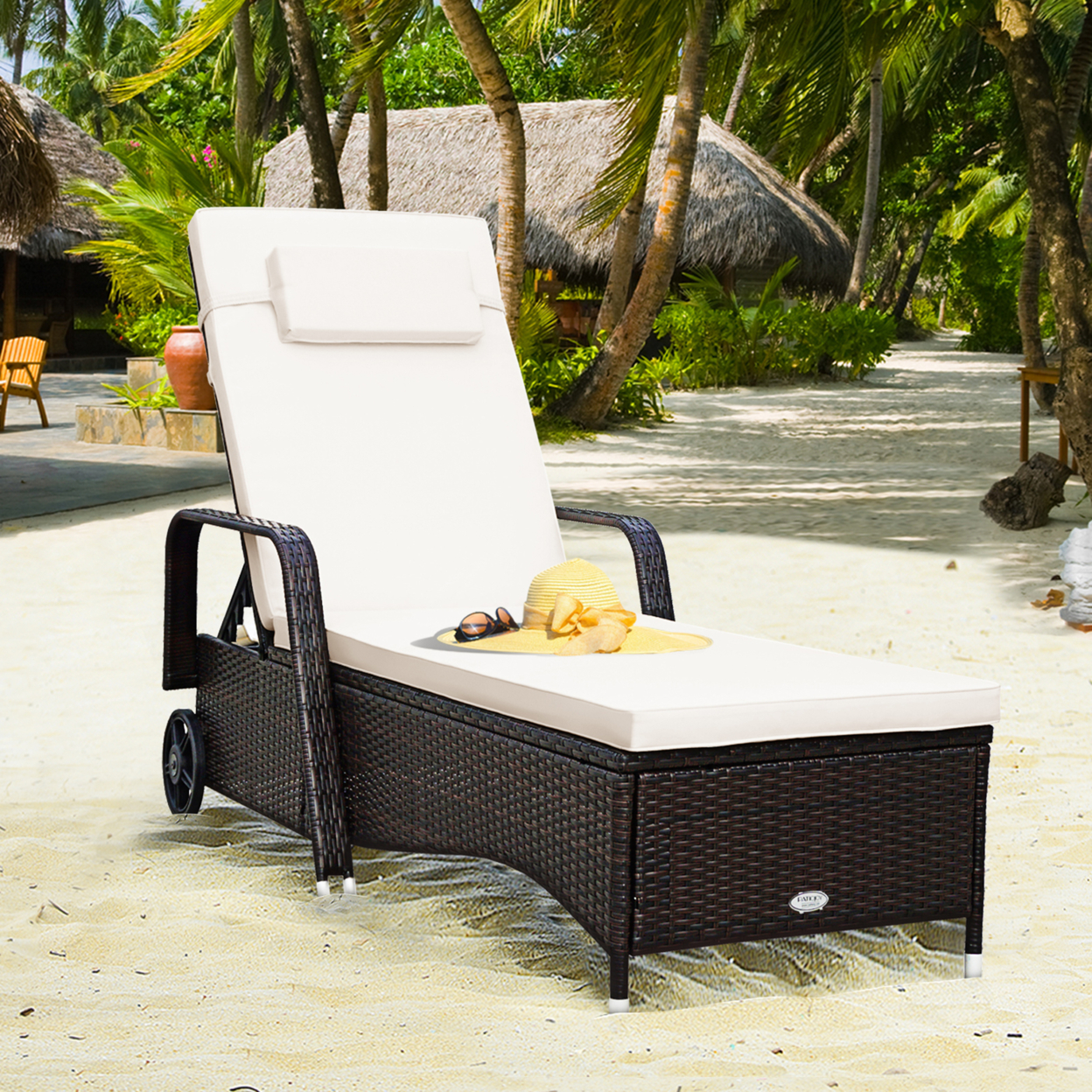 Cushioned Outdoor Wicker Chaise Lounge Chair W/ Wheel Adjustable Backrest