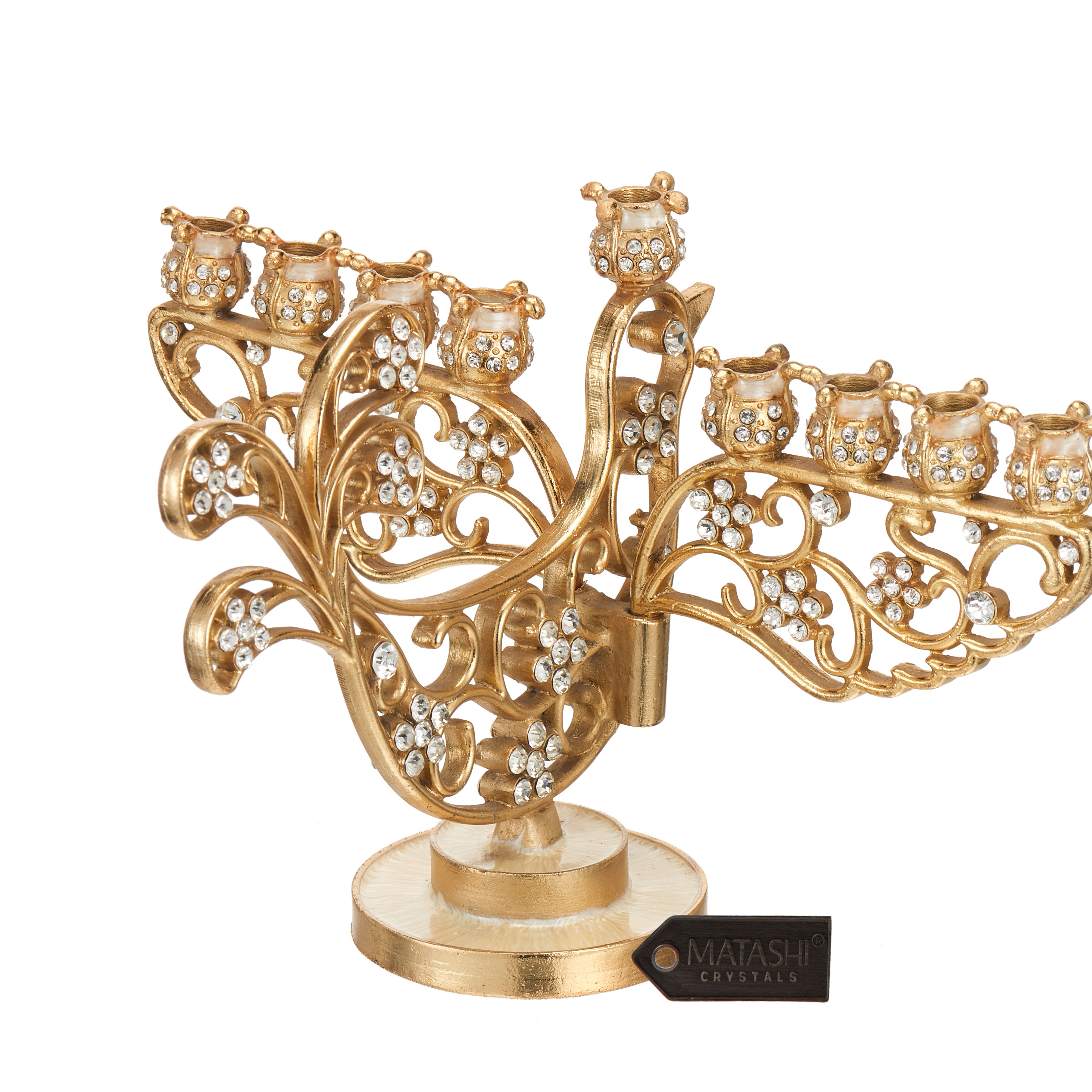 Matashi Gold Painted Dove Menorah Candelabra, Embellished With High Quality Crystals