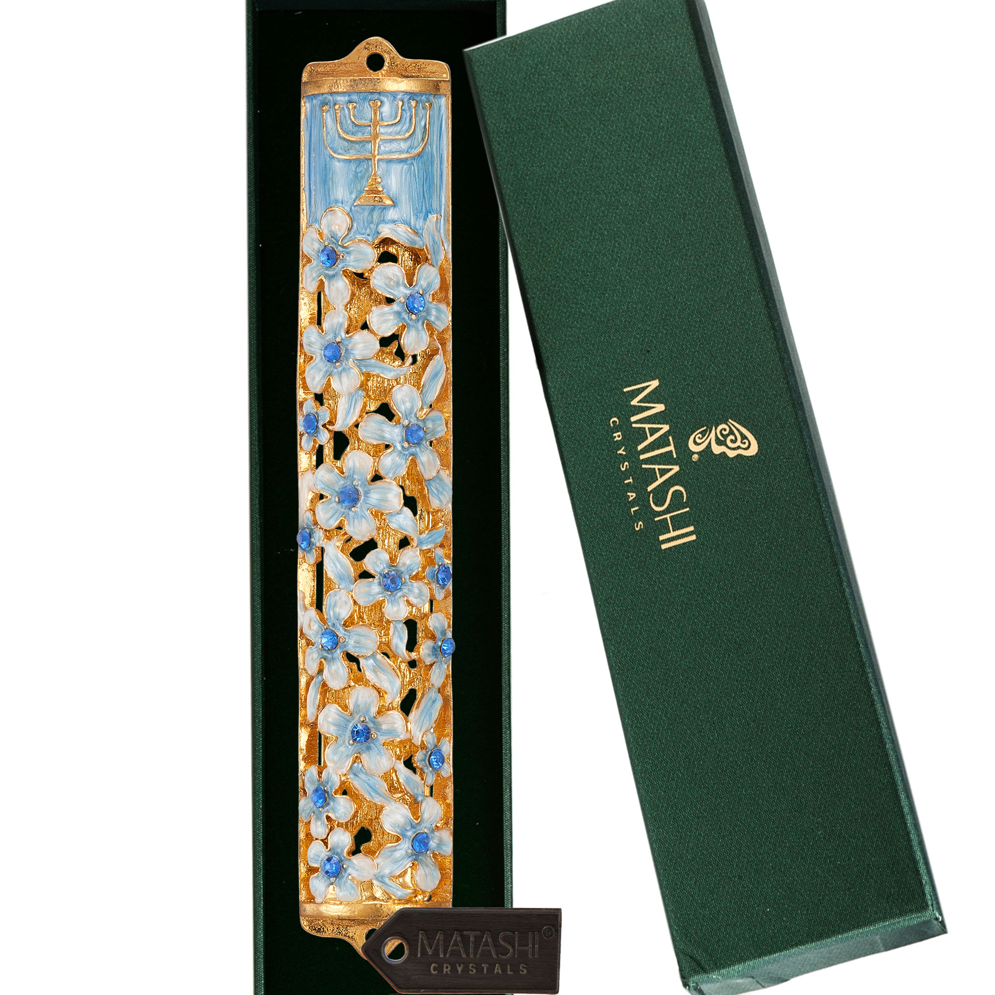 Matashi Hand Painted 5.5 Blue And Ivory Enamel Flower Mezuzah Embellished W/ Gold Accents,Menorah Design And High Quality Crystals