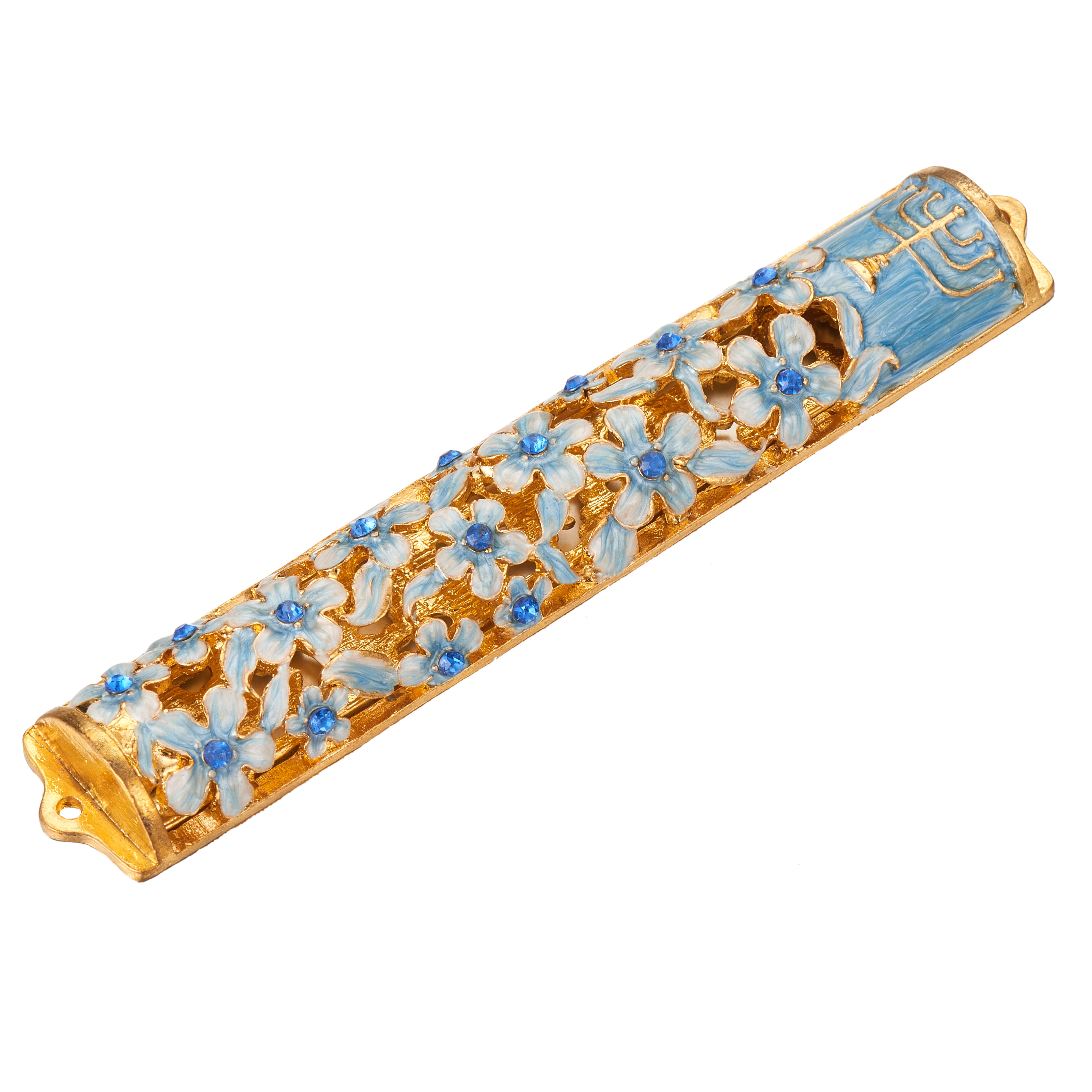 Matashi Hand Painted 5.5 Blue And Ivory Enamel Flower Mezuzah Embellished W/ Gold Accents,Menorah Design And High Quality Crystals