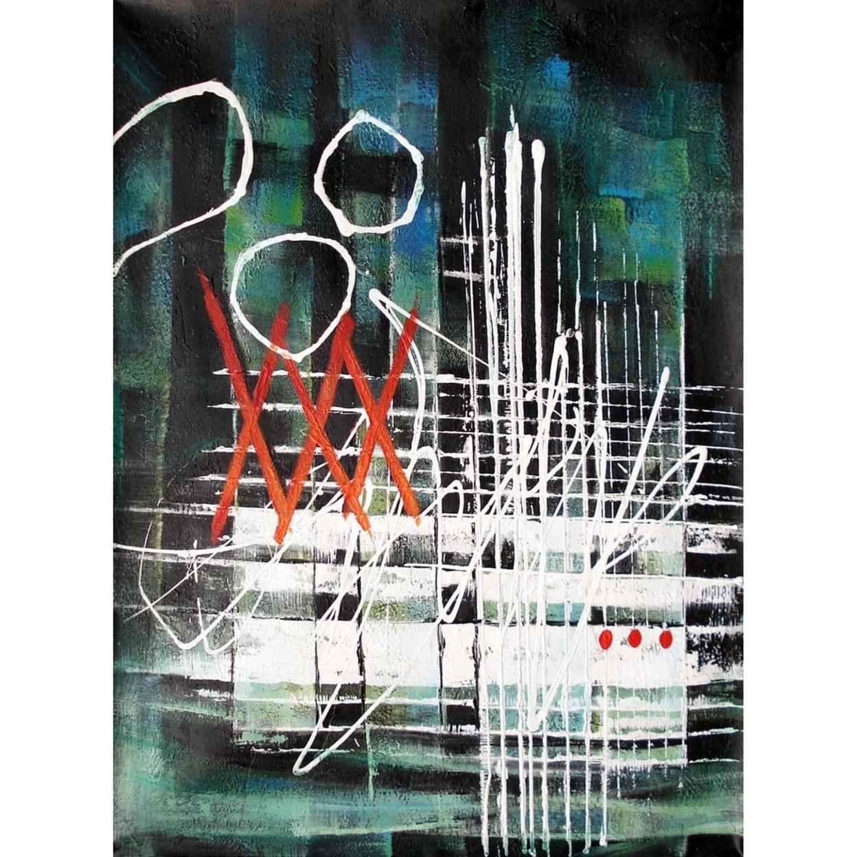 Hand Painted Canvas Wall Painting With Abstract Design, Green And Black- Saltoro Sherpi