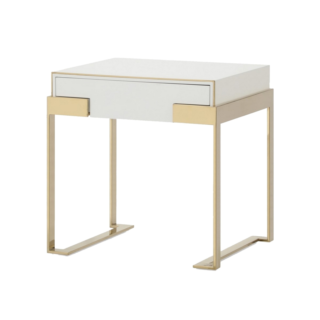 1 Drawer Nightstand With Metal Frame Support, Gold And White- Saltoro Sherpi