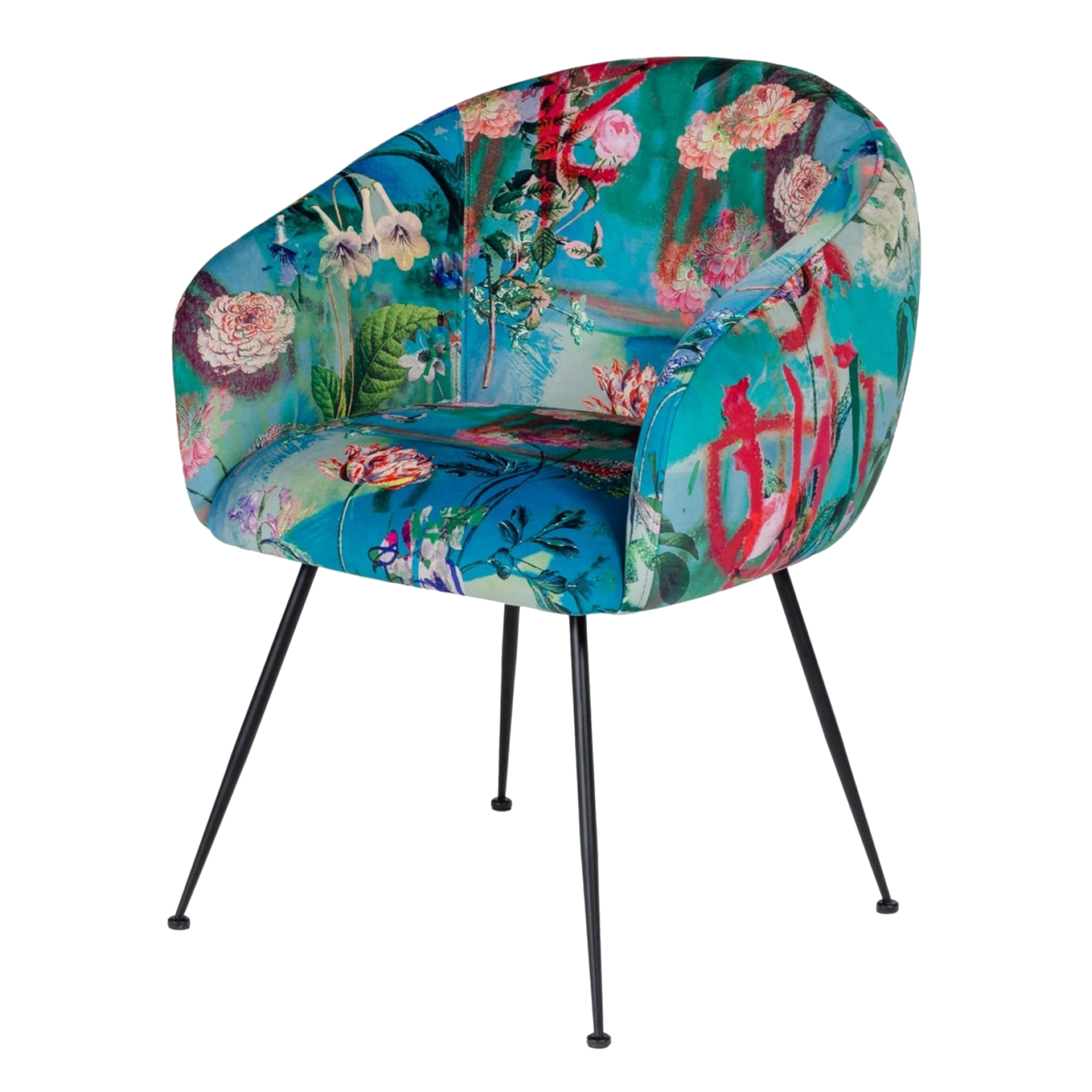 Curved Floral Pattern Fabric Dining Chair With Metal Legs, Blue- Saltoro Sherpi