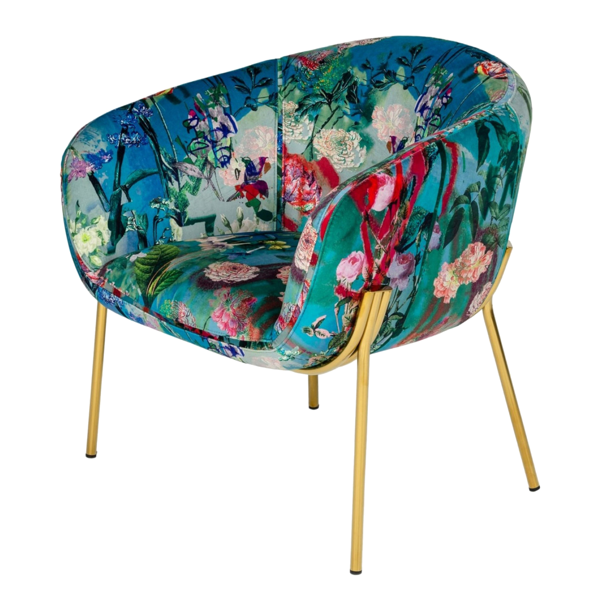 Curved Floral Pattern Fabric Accent Chair With Metal Legs, Blue And Gold- Saltoro Sherpi