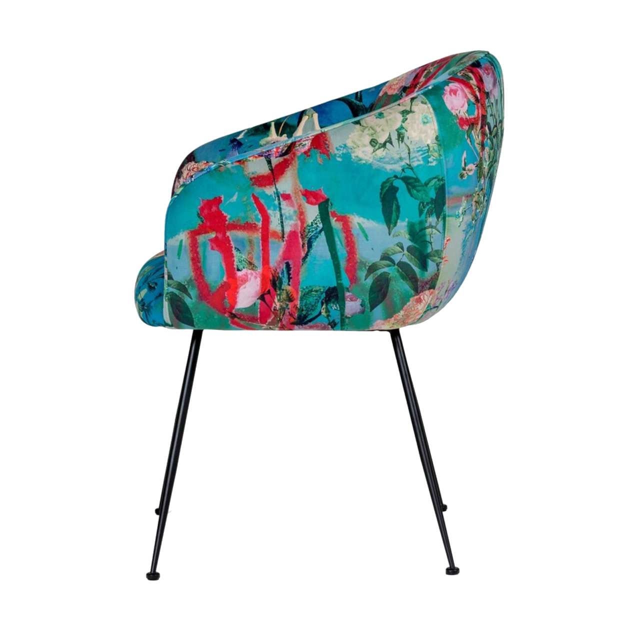Curved Floral Pattern Fabric Dining Chair With Metal Legs, Blue- Saltoro Sherpi