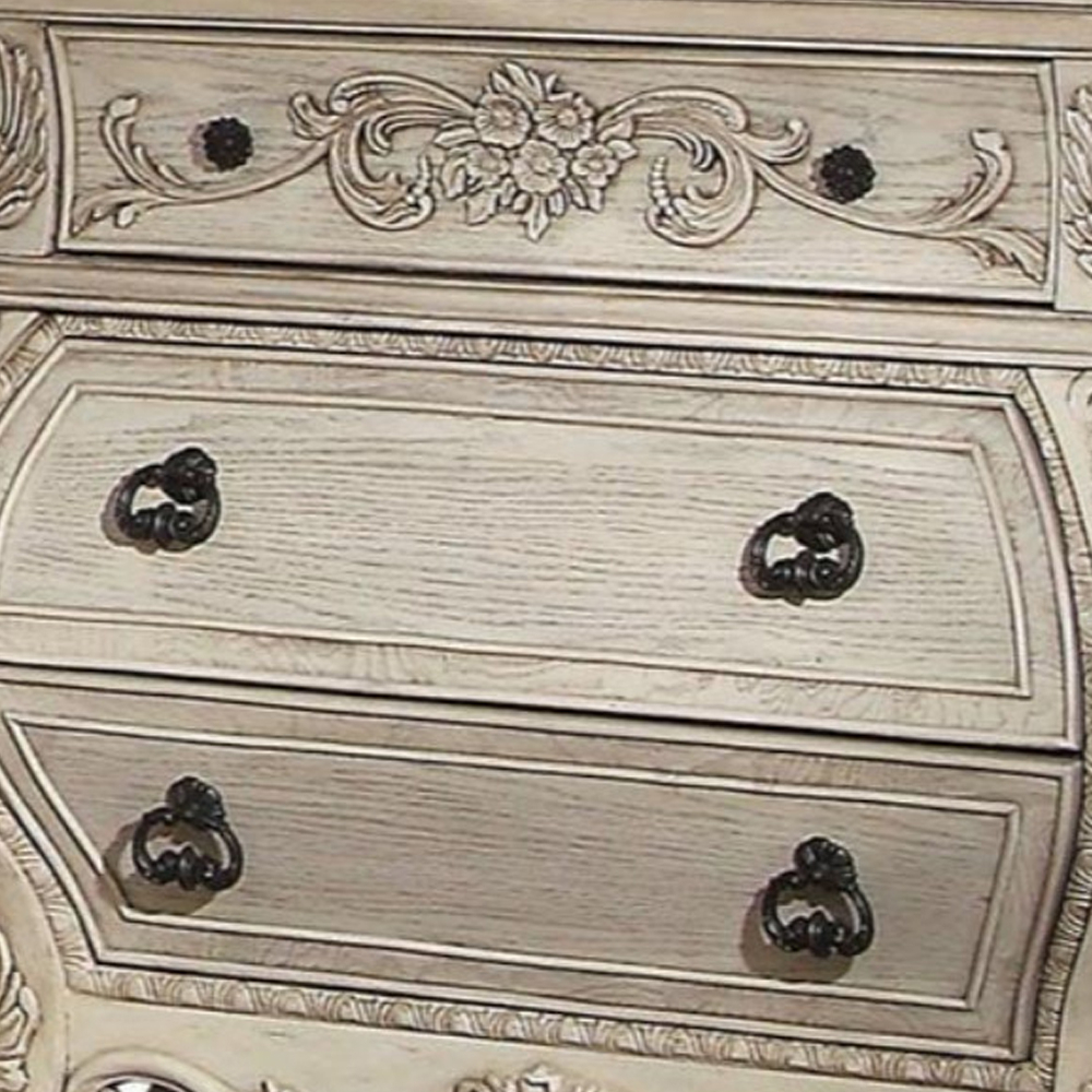 Three Drawer Wooden Nightstand With Scrolled Feet, Antique White- Saltoro Sherpi