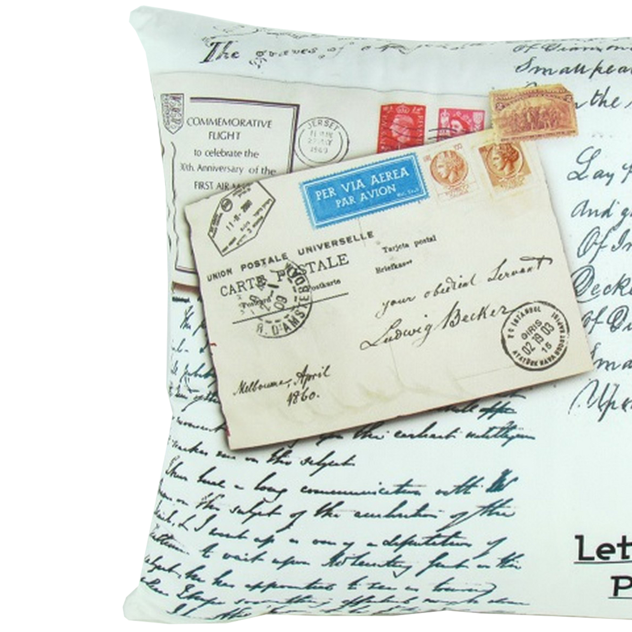 Fabric Decorative Pillow With Postcard Prints, White- Saltoro Sherpi