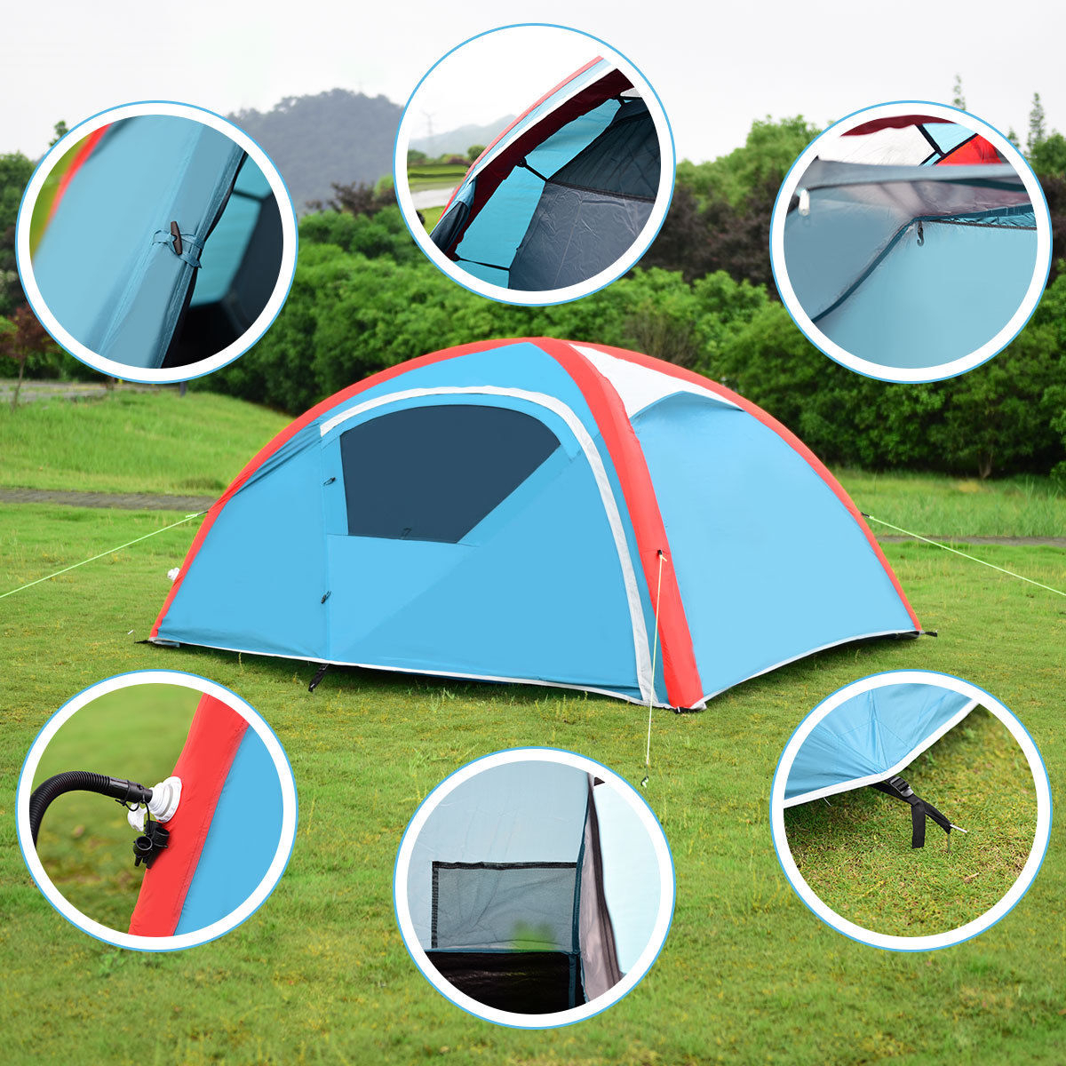 3 Person Inflatable Family Tent Camping Waterproof Wind Resistant W/ Bag Pump