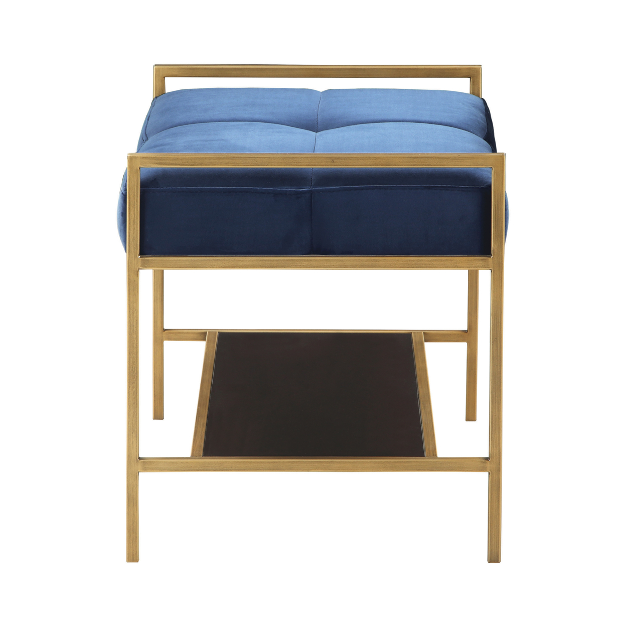 Metal Bench With Fabric Upholstered Plump Seats, Gold And Blue- Saltoro Sherpi