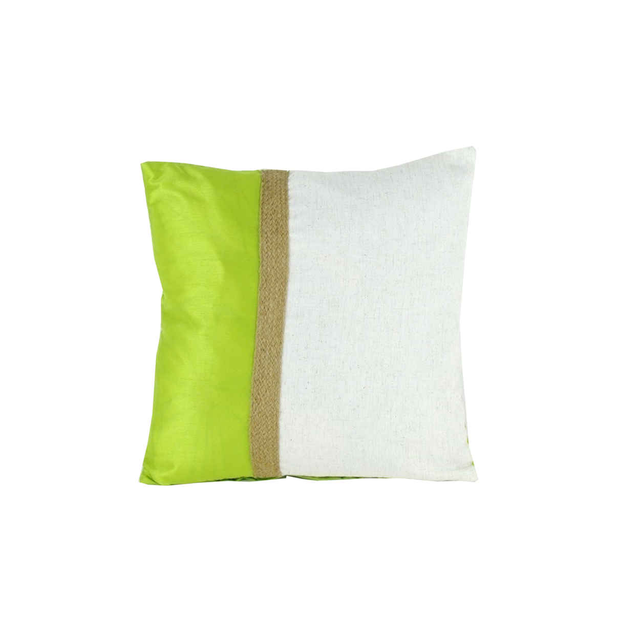 Fabric Accent Pillow With Jute Strip, White And Green- Saltoro Sherpi