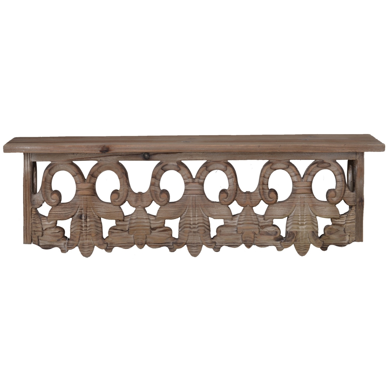 23.5 Inches Wooden Wall Shelf With Scrollwork, Small, Brown- Saltoro Sherpi