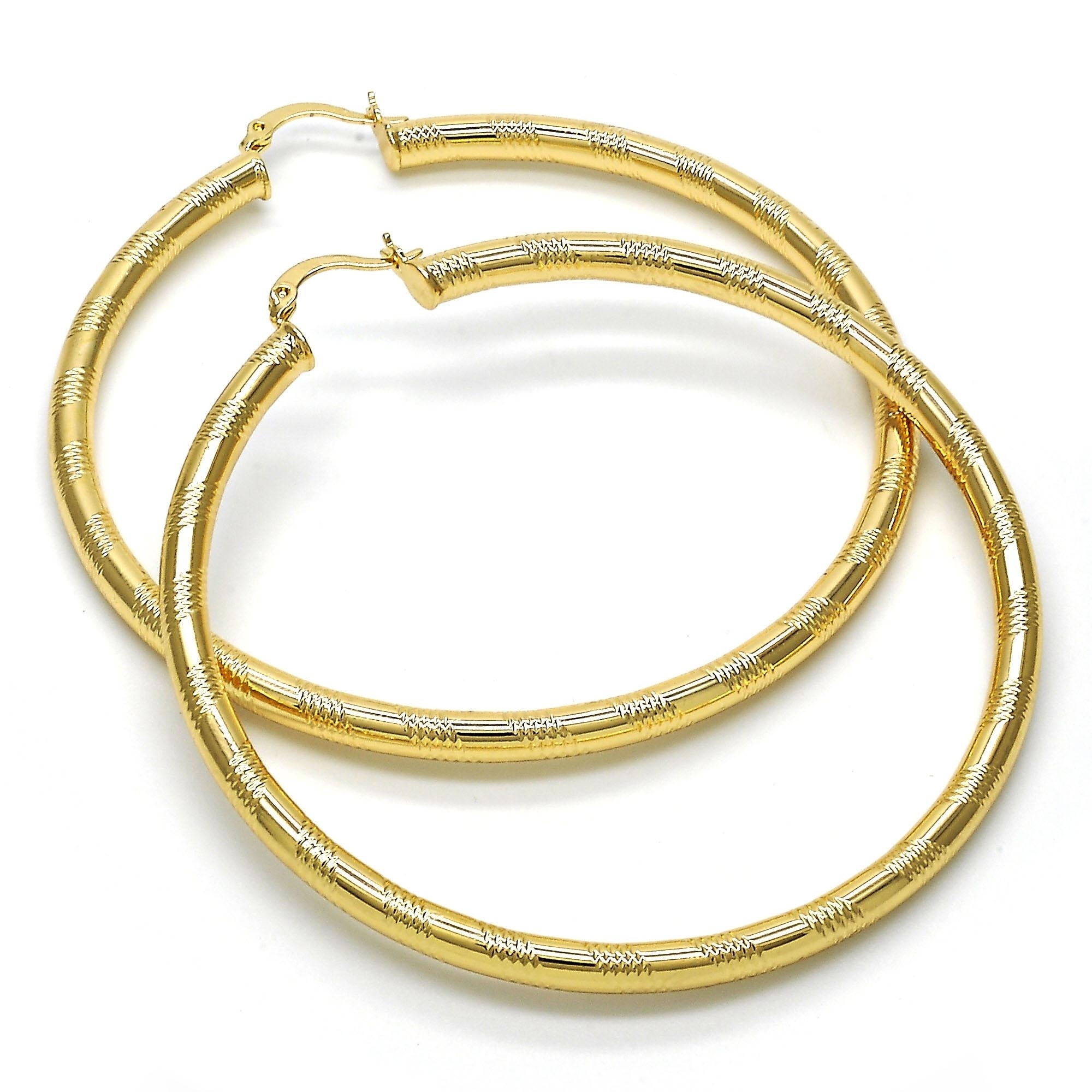 8k Gold Filled High Polish Finsh Gold Textured Yellow Gold Diamond Cut Hoop Earrings 70mm
