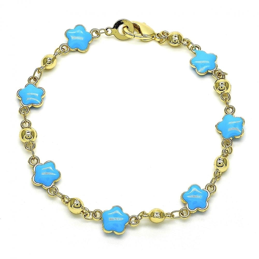 14K Gold Filled High Polish Finsh Coral/Black/ Turquoise Enamel Flower Bracelet 8 Inches Women Teens - Turquoise