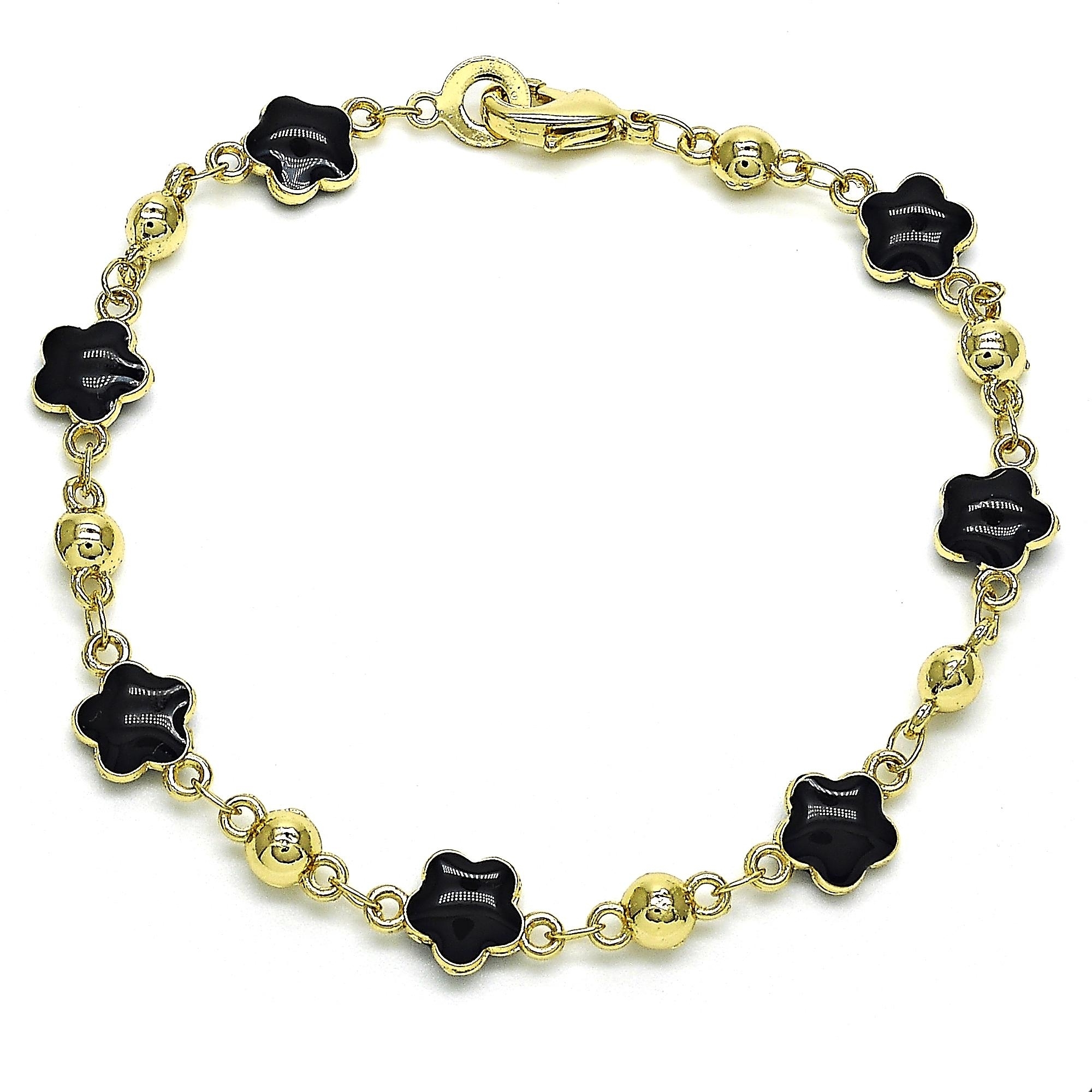 14K Gold Filled High Polish Finsh Coral/Black/ Turquoise Enamel Flower Bracelet 8 Inches Women Teens - Black