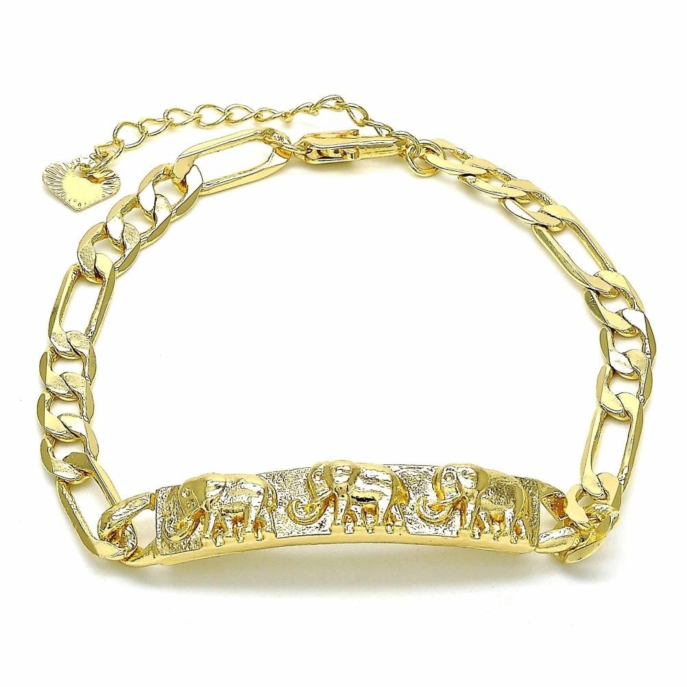 Elephant ID Figaro Link Bracelet 8'' 18K Gold Filled High Polish Finsh