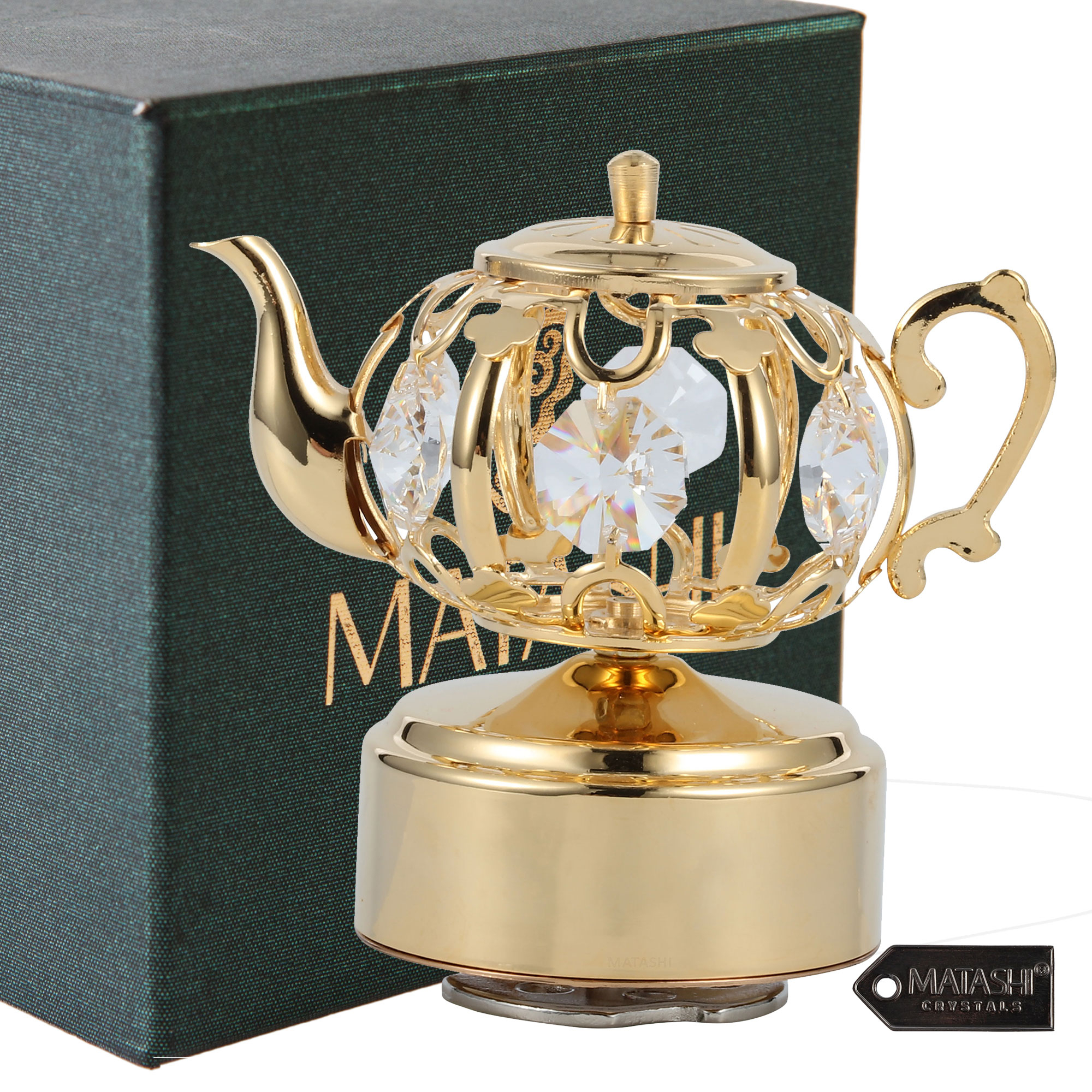 Matashi 24K Gold Plated Music Box With Crystal Studded Teapot Figurine - Fur Elise