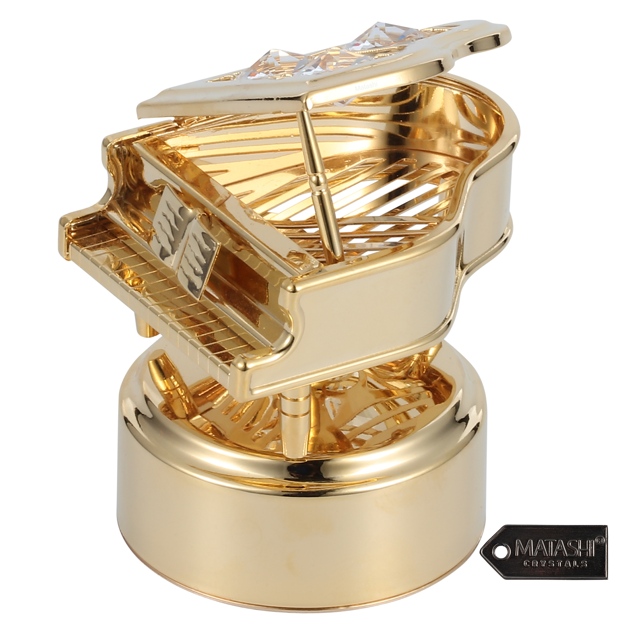 Matashi 24K Gold Plated Wind Up Music Box With Crystal Studded Grand Piano Figurine