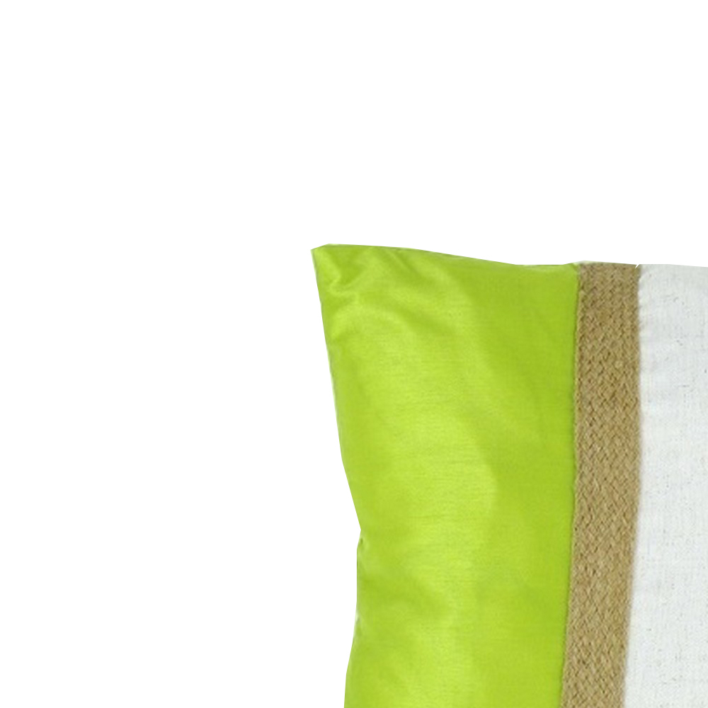 Fabric Accent Pillow With Jute Strip, White And Green- Saltoro Sherpi