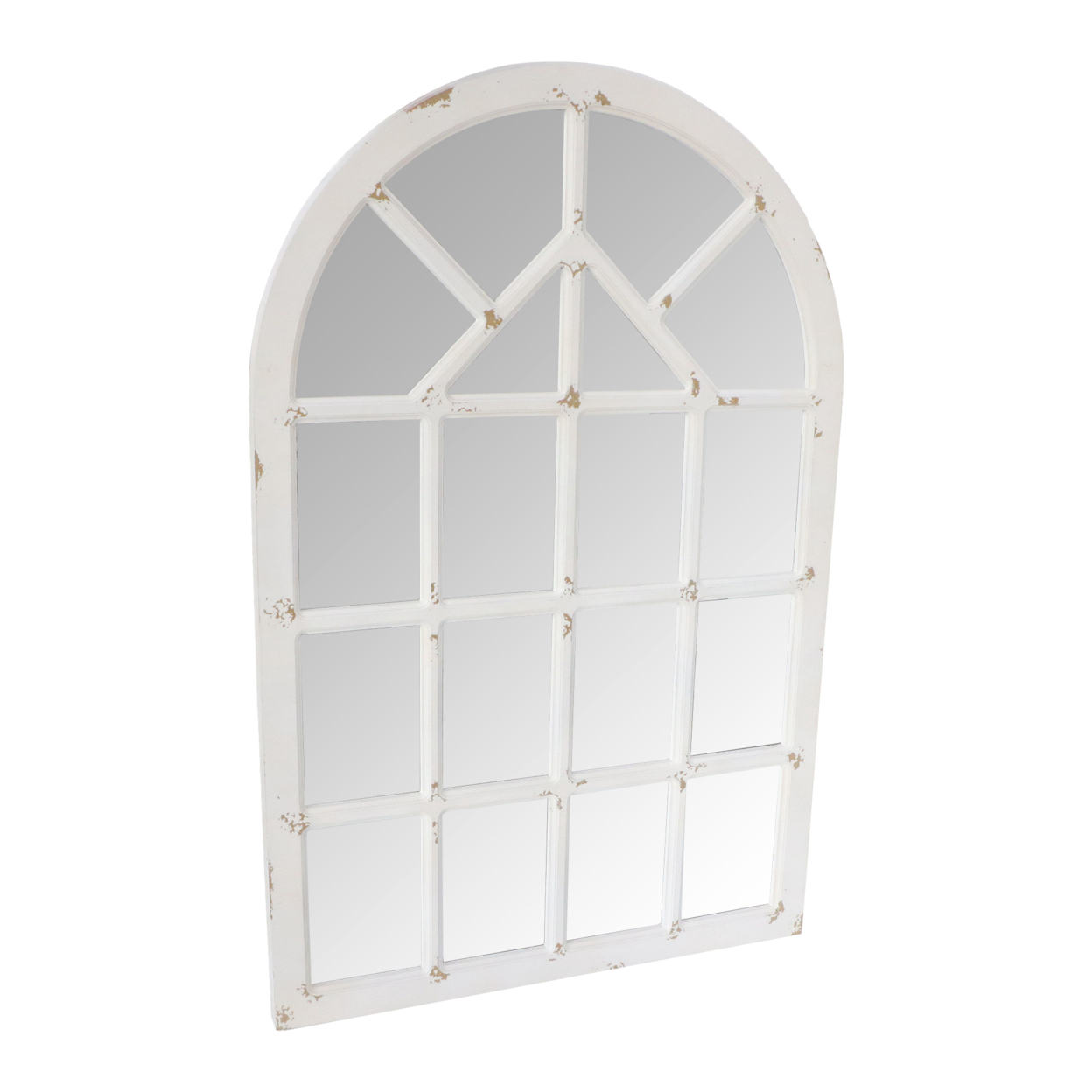 Arched Farmhouse Windowpane Wood Encased Wall Mirror, Antique White- Saltoro Sherpi