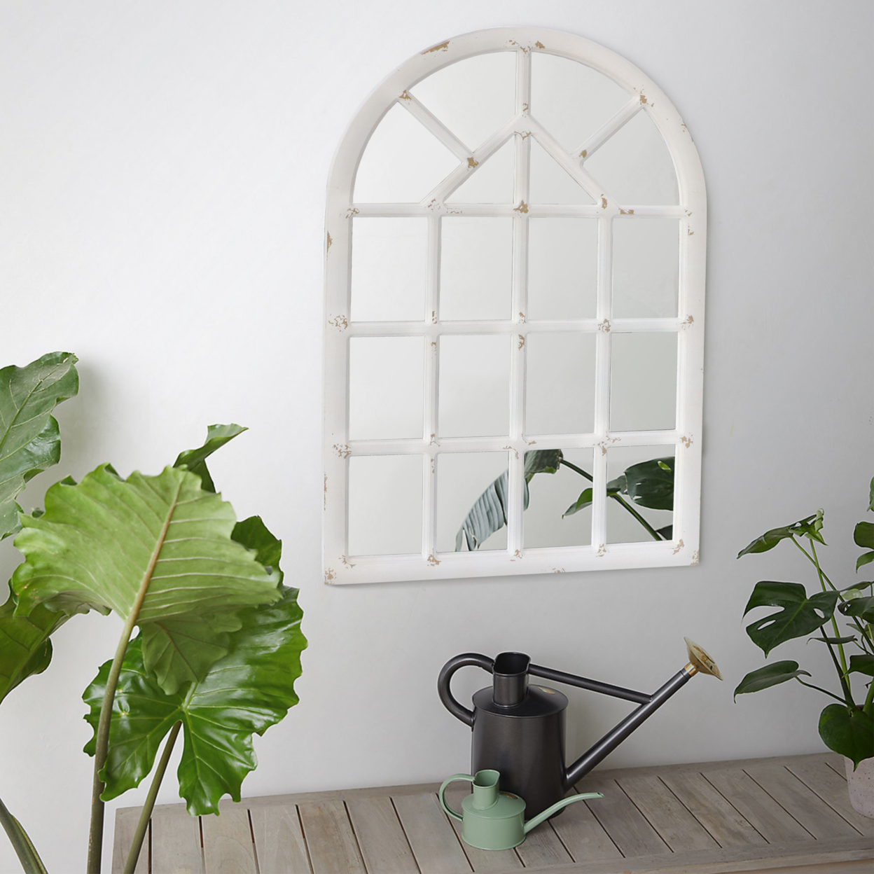 Arched Farmhouse Windowpane Wood Encased Wall Mirror, Antique White- Saltoro Sherpi