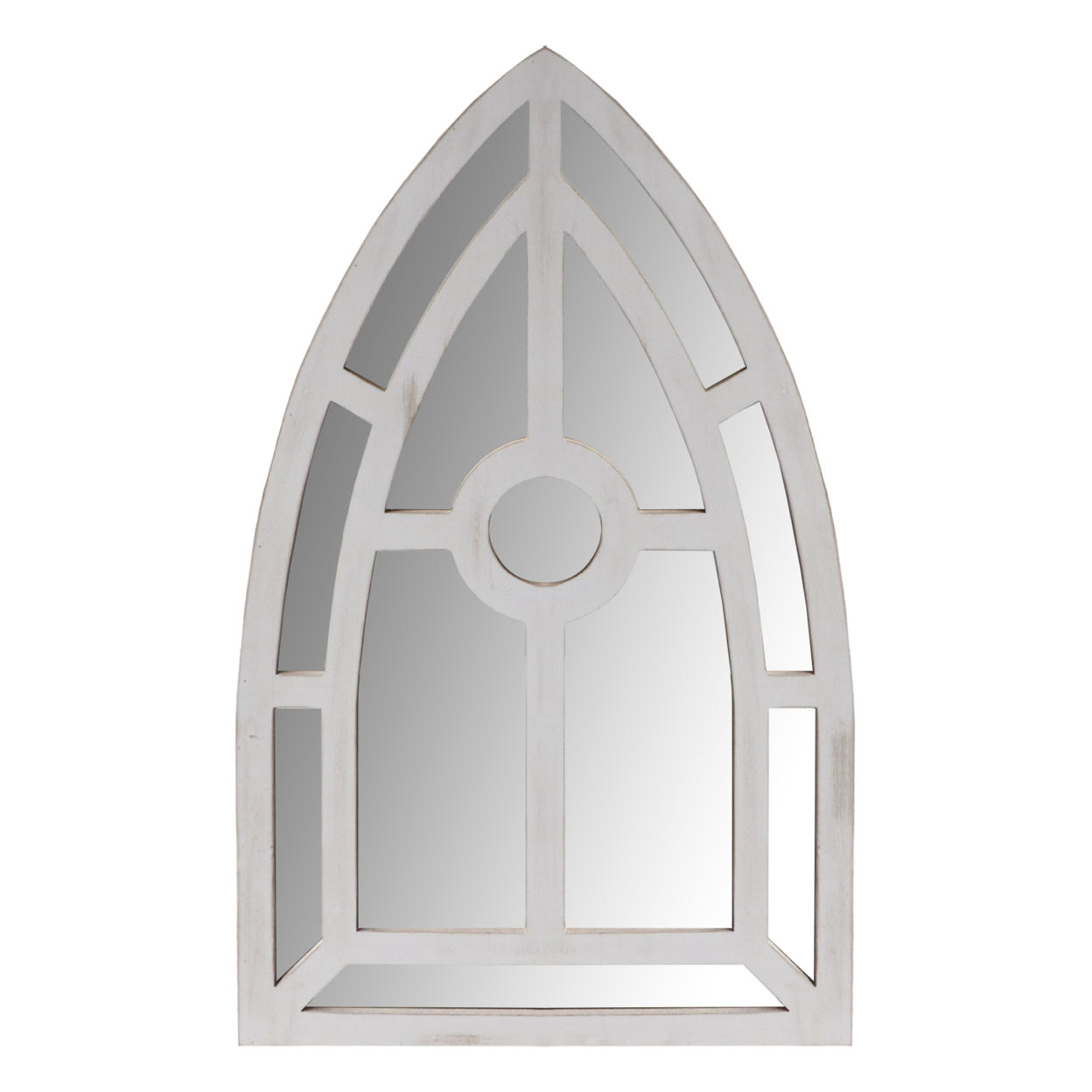 Arched Window Pane Wooden Wall Mirror With Trimmed Details, Silver- Saltoro Sherpi
