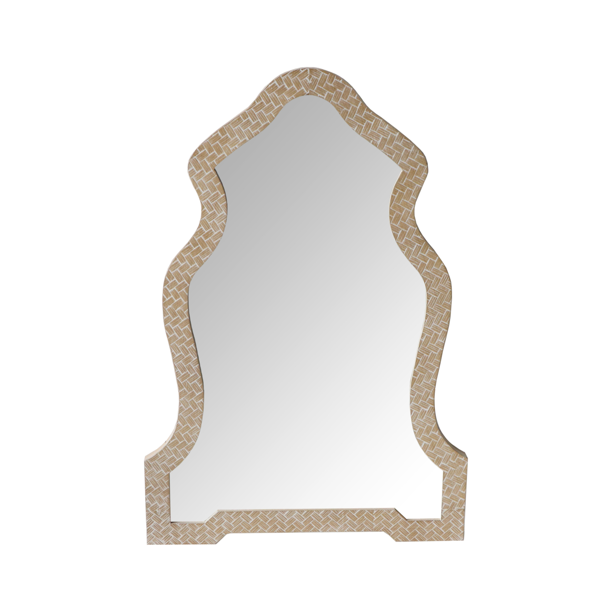 Scalloped Top Wooden Framed Wall Mirror With Geometric Texture, Brown- Saltoro Sherpi