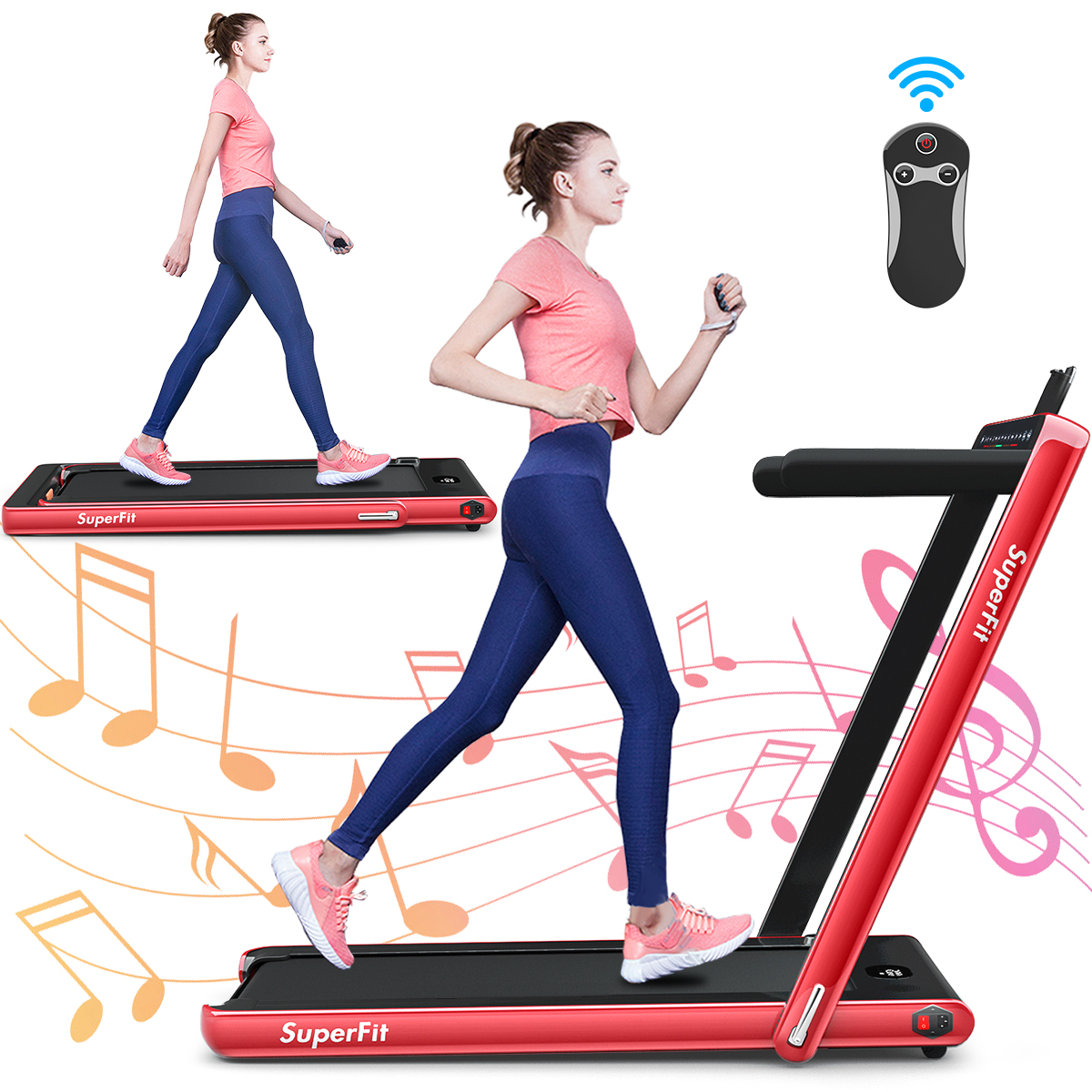 2 In 1 Folding Treadmill 2.25HP Running Machine W/ Dual Display - Red