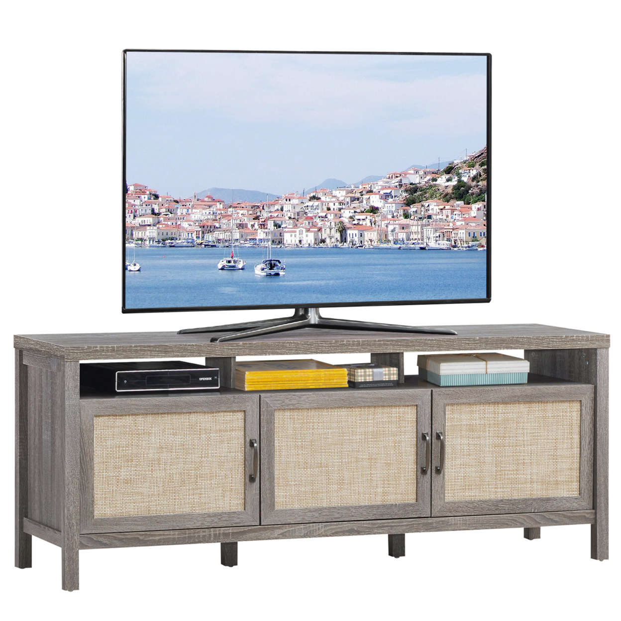 TV Stand Entertainment Media Center For TV's Up To 65'' W/ Rattan Doors - Grey Oak