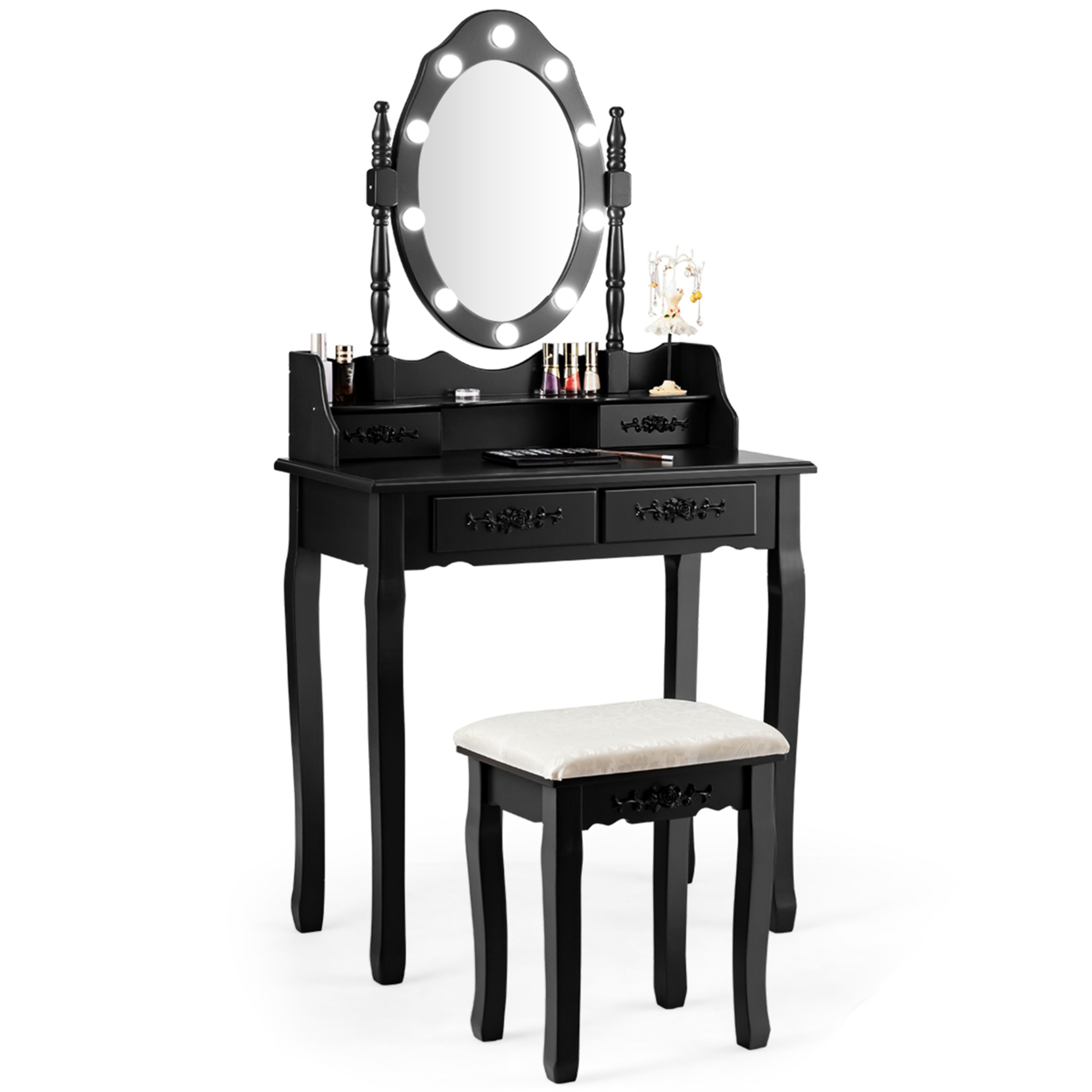Makeup Vanity Dressing Table Set W/10 Dimmable Bulbs Cushioned Stool - Black