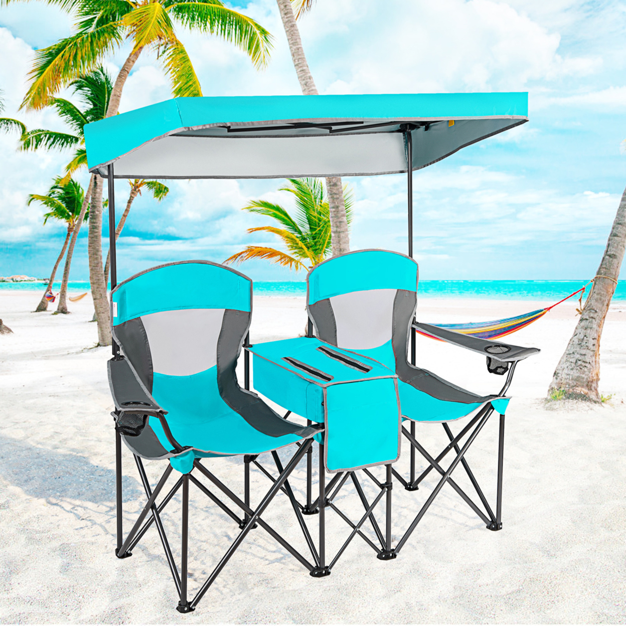 Folding 2-person Camping Chairs Double Sunshade Chairs W/ Canopy Blue/Turquoise/Red - Turquoise