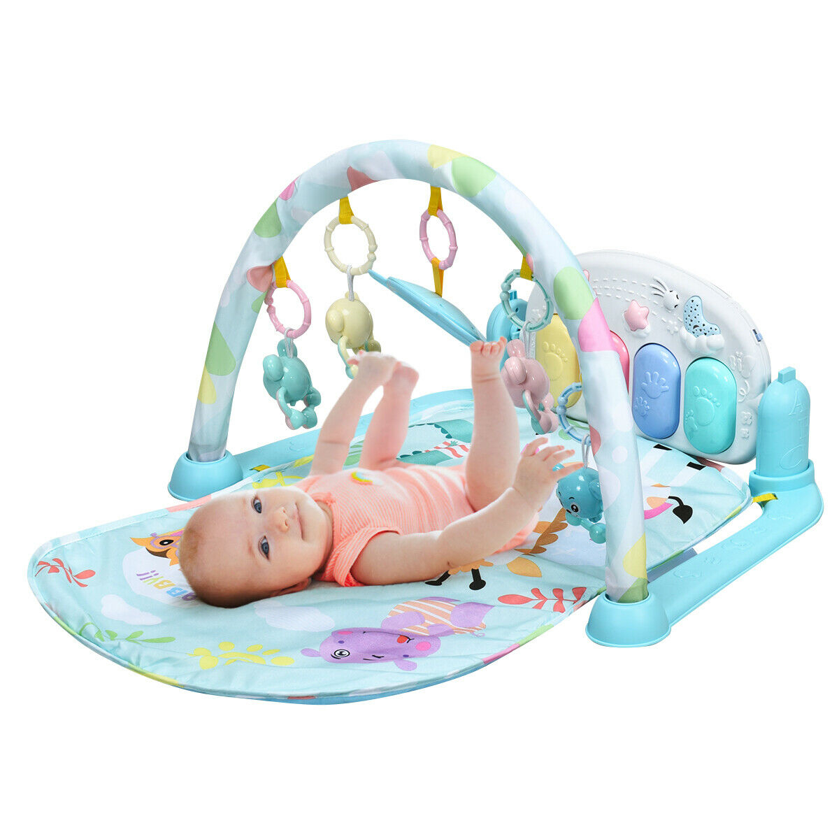 Baby Gym Play Mat 3 In 1 Fitness Music And Lights Fun Piano Activity Center Pink Blue - Blue