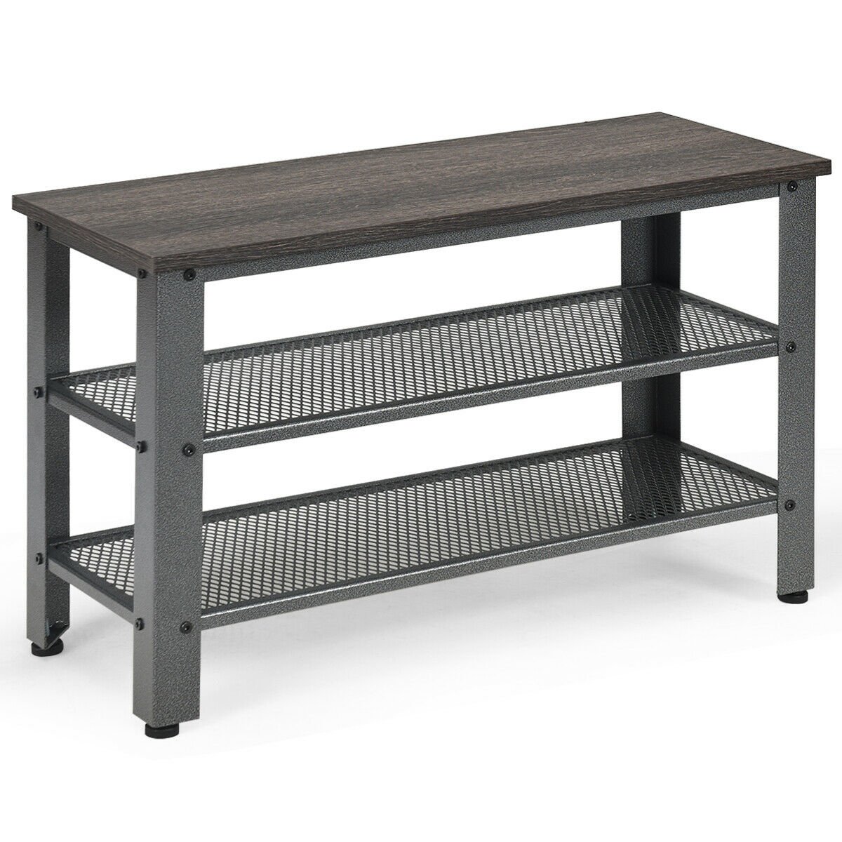 3-Tier Shoe Rack Industrial Shoe Bench With Storage Shelves For LivingRoom - Silver And Brown