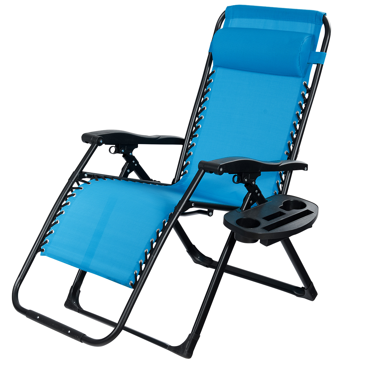 Gymax Folding Zero Gravity Lounge Chair Recliner W/ Cup Holder Tray Pillow - Blue
