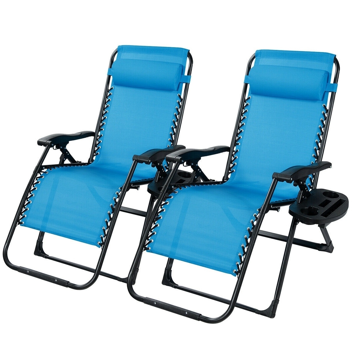 2PCS Folding Zero Gravity Lounge Chair Recliner W/ Cup Holder Pillow - Blue